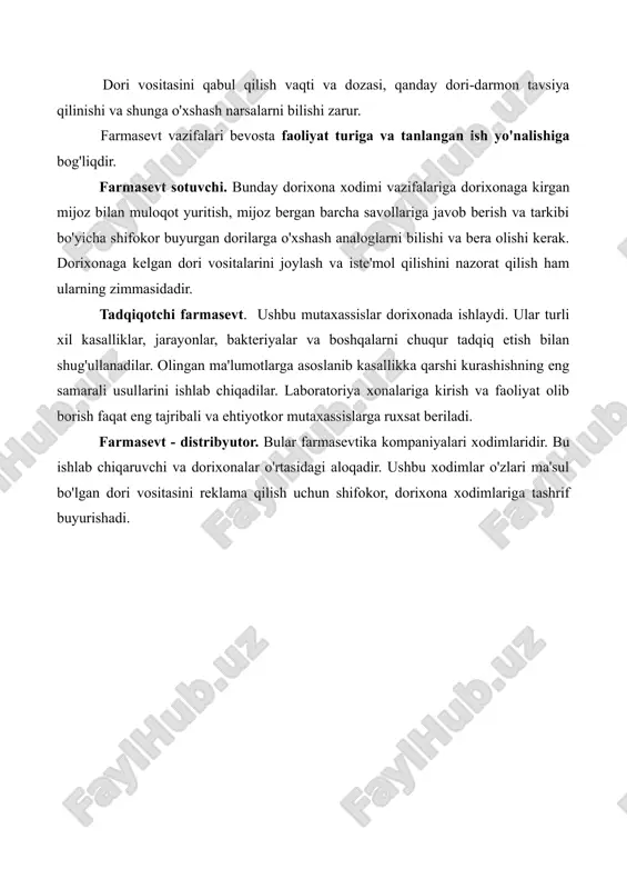 uchun), shuning uchun ular uchun qisqartirilgan ish vaqti tizimi ishlab chiqilgan va imtiyozlar berilgan. 4. farmasevt kasbining murakkabligi, o'ziga xos xususiyatlari. farmatsevtning ishi qanchalik qiyin? farmakologiya ilg'or fandir: har kuni yangi dorilar paydo bo'ladi, ularning nomlari va harakatlari mutaxassis bilishi kerak. farmatsevtika biznesi katta hajmdagi nazariy bilimlarning mavjudligini, yangi ma'lumotlarni doimiy o'rganishni, tadqiqot faoliyati bilan shug'ullanish istagini va boshqalarni nazarda tutadi. farmatsevtning ishi oddiy: oddiy faoliyat uchun unga kerak kasbiy bilim, e'tibor va sabr-toqat (qiyin mijozlar bilan ishlashda), kasbiy o'sish istagi va boshqalar. dorixona xodimi sotilgan dori vositalari uchun javobgardir. shuning uchun xodim har bir dorining xususiyatlarini aniq tushunishi, shunga o'xshash dori-darmonlarni tanlay olishi, retsept bo'yicha dori-darmonlarni ehtiyotkorlik bilan tarqatishi, ish kuni davomida diqqatini jamlashi va hokazo. farmatsevtning o'ziga xos xususiyatlari. farmatsevtning o'ziga xos xususiyatlariga yaxshi xotiraga ega, sub'ektiv fikrlash qobiliyatiga ega, yuqori konsentratsiyali (ko'p soatlik ish vaqtida), ilmiy izlanishlarga moyil, rivojlangan muloqot qobiliyatiga ega bo'lgan mutaxassis kiradi. kasb aniq …