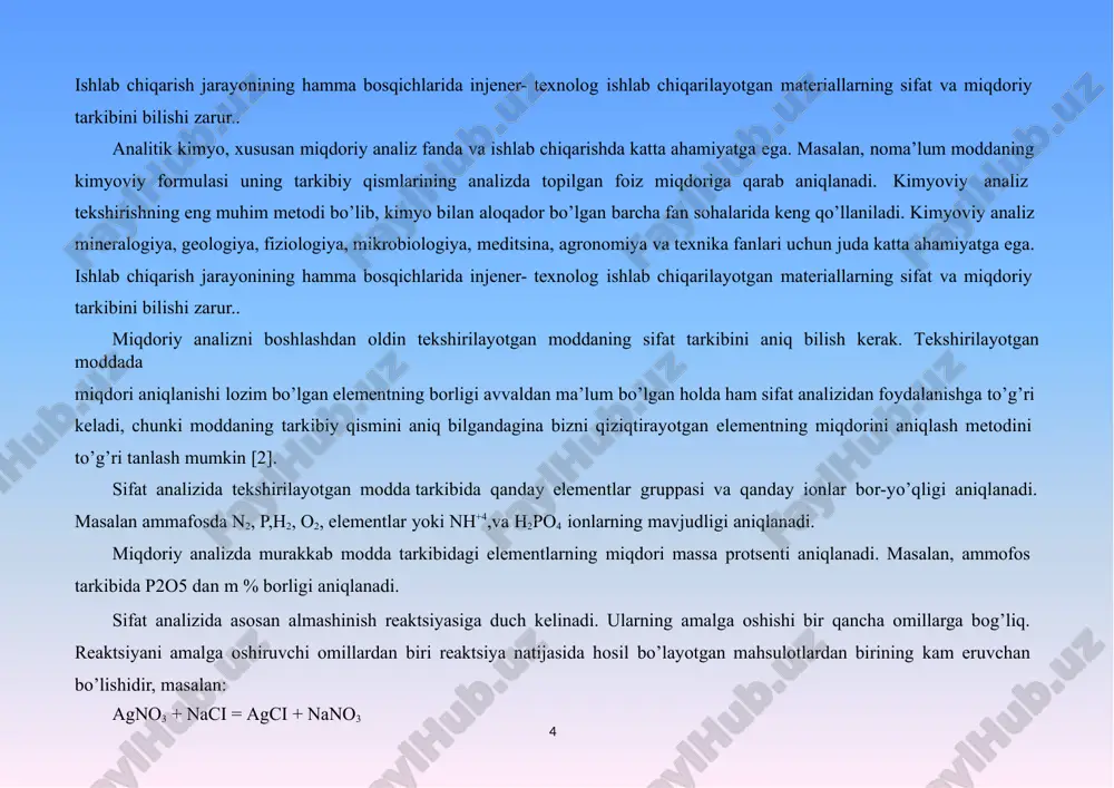 a tekshirilayotgan modda tarkibida qanday elementlar gruppasi va qanday ionlar bor-yo’qligi aniqlanadi. masalan ammafosda n2, p,h2, o2, elementlar yoki nh+4,va h2po4 ionlarning mavjudligi aniqlanadi. miqdoriy analizda murakkab modda tarkibidagi elementlarning miqdori massa protsenti aniqlanadi. masalan, ammofos tarkibida р2о5 dan m % borligi aniqlanadi. sifat analizida asosan almashinish reaktsiyasiga duch kelinadi. ularning amalga oshishi bir qancha omillarga bog’liq. reaktsiyani amalga oshiruvchi omillardan biri reaktsiya natijasida hosil bo’layotgan mahsulotlardan birining kam eruvchan bo’lishidir, masalan: agno3 + naci = agci + nano3 5 analitik kimyoda reaktiv sifatida ko’p ishlatiladigan ba‘zi bir organik reaktivlar ustida to’xtalib o’tamiz. -nitroza -naftol с10н6(no)(oh) –ilinskiy reaktivi deb ham ataladi. undan kobalt ionini aniqlashda foydalaniladi. bu reaktivning sirka qislotali eritmasi neytral kobalt tuzi eritmasidan со3+ kationi bilan со[с10н6(no)o]3 tarkibli qizil –kungir rang kompleks birikma hosil qiladi va bu birikma cho’kmaga tushadi. ko’pgina organik reaktivlvr ayrim ionlar uchun xususiy reaktivlar yordamida analiz uchun berilgan eritmaning bir qismi bilan to’g’ridan to’g’ri …