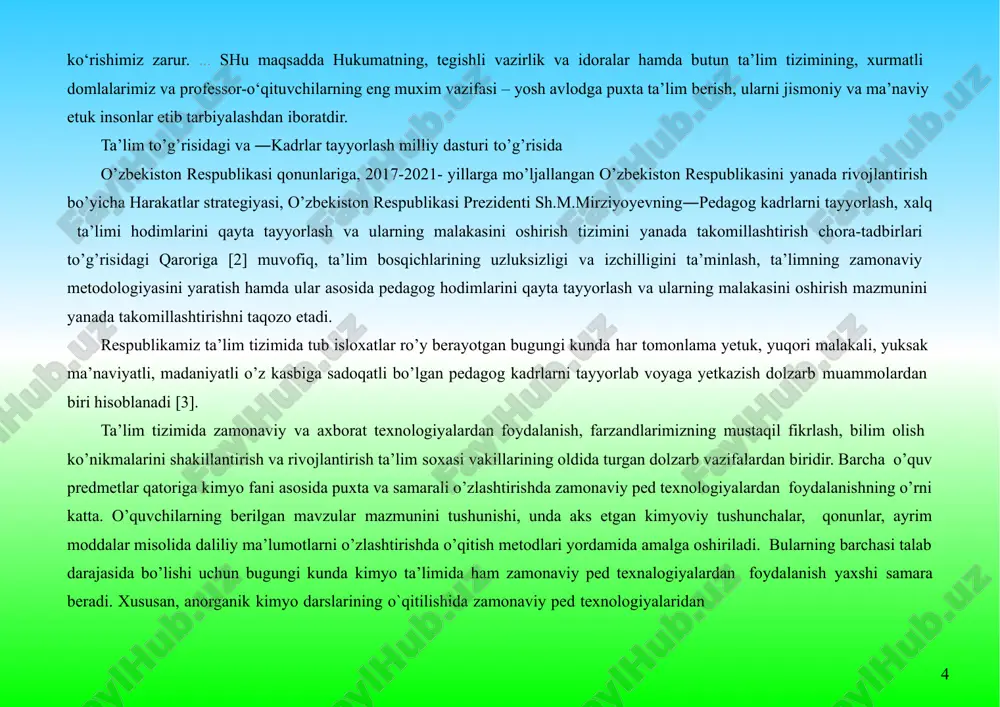 da o’zbekiston respublikasida ta’lim-tarbiya tizimini zamonaviy talablar darajasiga ko’tarish va ta’limning uzluksizligini ta’minlashning asosiy maqsadlari va shart sharoitlari belgilab berildi. «kadrlar tayyorlash milliy dasturi»ni amalga oshirish uchun ta’lim tizimiga ilg’or pedagogik texnologiyalarni joriy etish orqali o’quvchilarning faol bilim olishlarini tashkil etish va ta’lim tizimining demokratik tamoyillariga tobora keng yo’l ochib berish lozim. tavsiya etilayotgan kurs ishning dolzarbligi shundaki, kimyo fani amaliy ahamiyatga ega bo’lgan o’quv predmetlari qatoriga kiradi. shuning uchun o’quvchilarga o’zi yashab turgan tabiatdagi, turmushdagi moddalarni xossalarini o’rganish, bu jarayonlarni reaksiya tenglamalari orqali ifodalay olishi, o’quvchilarni kimyoviy qonuniyatlarni izoxlash uchun o’qituvchi kimyo darslarida kimyoviy tajribalardan ko’proq foydalanish orqali, o’zi yashab turgan hududdagi kimyoviy ishlab chiqarish korhonalari to’g’risidagi bilimlardan o’rinli foydalansa va bu korxonalardagi kimyoviy jarayonlarni tenglamalarini yozishni o’quvchilarga o’rgata olsa yoqori natijaga erishishi mumkin. kimyo fani va innovatsion texnologiyalar jadal rivojlanayotgan davrda o’quvchilarni kimyoviy jarayonlarni kimyoviy tenglamalar bilan izoxlab borishi ularni kimyo faniga qiziqishlarini yanada ortishiga va kimyodan olgan …