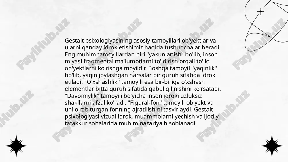 n va san’at sohalarida qo‘llaniladi. rasmiy tasvirlarning yetishmayotgan qismlarini his qilish orqali miyaning tasvirni yaxlit qabul qilishi tushuntiriladi. gestalt tamoyillari kognitiv jarayonlarning tub mohiyatini ochib beradi, bunda inson miyasini murakkab tuzilmalarni oddiy qismlardan ortiq afzallik bilan qabul qilishga majbur qiladi. geshtalt psixologiya ergashev siroj e'tiboringiz uchun raxmat! image1.png image2.png image3.png image4.jpg image5.png image6.jpg image7.jpg /docprops/thumbnail.jpeg