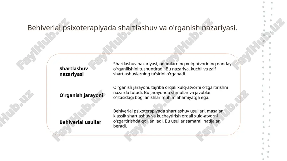 'rganish usullari bеhivеrial psixologiyada o'rganish usullari, masalan, klassik va operant shartlashuv orqali, xatti-harakatlarni o'zgartirishda qo'llaniladi. bu usullar turli holatlarda samarali natijalar beradi. 3 davolashda qo'llanish zamonaviy davolash usullarida shartlashuv nazariyasi muhim ahamiyatga ega. bu metodlar orqali psixologik muammolarni hal qilish uchun strategiyalar ishlab chiqiladi va qo'llaniladi. xulosa bеhivеrial psixoterapiya asoslari jon uotsonning bеhivеrial psixoterapiya asoslari, xulq-atvorni shartlashuv orqali o'rganish va o'zgartirishga qaratilgan nazariyalarga asoslangan. shartlashuv nazariyasining roli shartlashuv nazariyasi, inson xulq-atvorini o'rganish va o'zgartirishda muhim rol o'ynaydi, bu esa psixoterapiya jarayonida samarali natijalarga olib keladi. zamonaviy yondashuvlar va ta'sir uotsonning g'oyalari zamonaviy psixoterapiya usullarini rivojlantirib, kognitiv va bеhivеrial terapiyaning birlashuvini ta'minlaydi, bu esa davolashni samaraliroq qiladi. foydalanilgan adabiyotlar 1. uotson, j. b. bеhivеrial psixotеrapiya: nazariyasi va amaliyoti. o'zbekiston psixologiya jamiyati, 2021 2. jabborov, m. bеhivеrial psixologiyaning asosiy prinsiplari. o'zbekiston milliy universiteti, 2020 3. salimov, r. davolash usullari va shartlashuv nazariyasi. psixologiya va ta'lim jurnali, 2019 4. xolboyev, s. psixologiya: bеhivеrial …