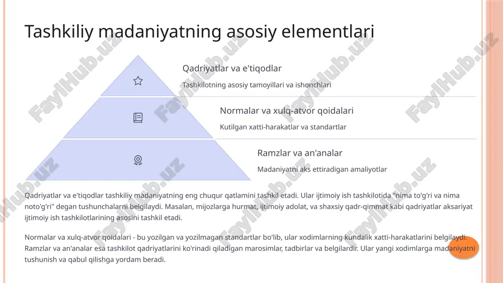 oldida turgan muammolar va to'siqlarni aniqlash tashqi muhitdagi o'zgarishlar va talablarni hisobga olish xodimlar, mijozlar va boshqa manfaatdor tomonlarning fikrlarini o'rganish yangi madaniyatni rejalashtirish o'zgarishning aniq maqsadlarini va ko'zlangan natijalarini belgilash kerak. bu bosqichda quyidagilar amalga oshiriladi: tashkilotning yangilangan qadriyatlari va tamoyillarini ishlab chiqish yangi xulq-atvor modellarini va normalarni aniqlash o'zgarish strategiyasini va rejasini tuzish rahbarlar va o'zgarish agentlarini tayyorlash o'zgarishlarni amalga oshirish bosqichlari bu jarayon bir necha bosqichlarni o'z ichiga oladi va odatda uzoq vaqt davom etadi: tashkilot rahbariyati tomonidan yangi qadriyatlarni namoyish etish xodimlarni jalb qilish va o'qitish tizimlar va tuzilmalarni qayta ko'rib chiqish yutuqlarni nishonlash va rag'batlantirish doimiy monitoring va takomillashtirish 8 ijtimoiy ish tashkilotlarida samarali madaniyat belgilari mijozga yo'naltirilganlik samarali ijtimoiy ish tashkilotlarida madaniyat birinchi navbatda mijozlar ehtiyojlariga qaratilgan bo'ladi. bu quyidagilarni o'z ichiga oladi: har bir mijozga individual yondashish mijozlarning kuch-quvvatini va imkoniyatlarini qo'llab-quvvatlash mijozlarning fikrlarini va qayta aloqasini qadrlash xizmatlarni mijozlar ehtiyojlariga mos ravishda …