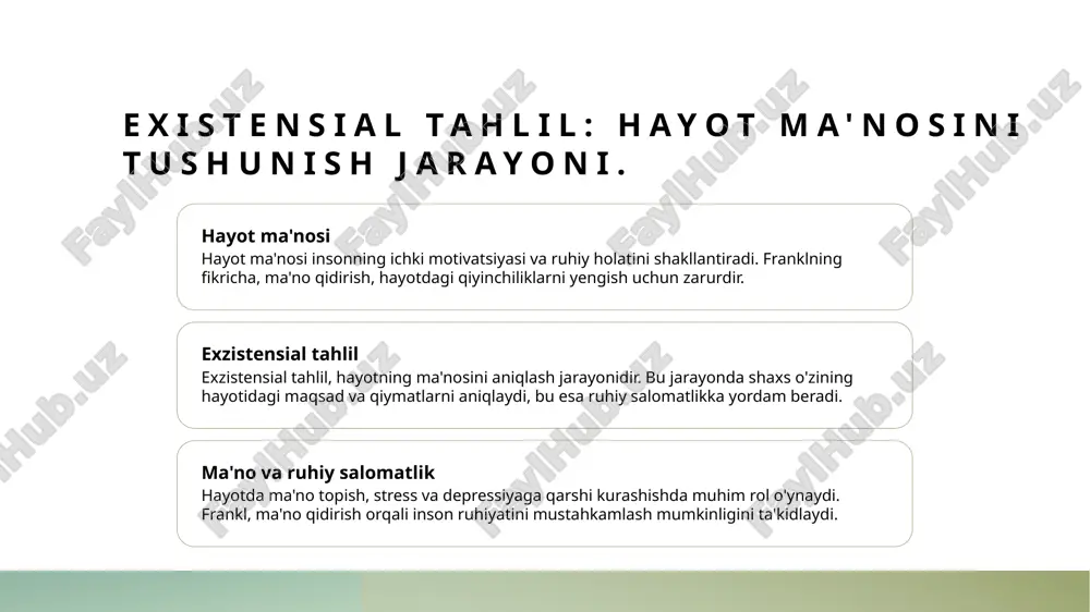 ustahkamlashda muhimdir. 2 hayotda ma'no izlash hayotda ma'no izlash, stress va depressiyaga qarshi kurashishda muhim rol o'ynaydi. ma'no, ruhiy barqarorlikni ta'minlashda zarur, shuning uchun muhimdir. 3 ekzistensial tahlil usullari ekzistensial tahlil, shaxsiy maqsad va qiymatlarni aniqlashda yordam beradi. bu jarayon, ruhiy muammolarni hal qilishda muhim ahamiyatga ega, shuni unutmaslik kerak. foydalanilgan adabiyotlar 1. a. khamdamov. viktor frankl va logoterapiya: hayotda ma'no topish. o‘zbekiston respublikasi fanlar akademiyasi, 2020 2. n. sultonova. logoterapiya: ruhiy salomatlik va chidamlilik. o‘zbekiston tibbiyot universiteti, 2021 3. m. rahimov. franklning logoterapiyasi: nazariya va amaliyot. toshkent davlat universiteti, 2022 4. l. abdulaziz. logoterapiya va inson ruhiyati. o‘zbekiston psixologiya jurnali, 2023 5. q. tursunov. viktor frankl: hayot ma’nosi va logoterapiya. yangi o‘zbekiston nashriyoti, 2019 e'tiboringiz uchun rahmat! /docprops/thumbnail.jpeg