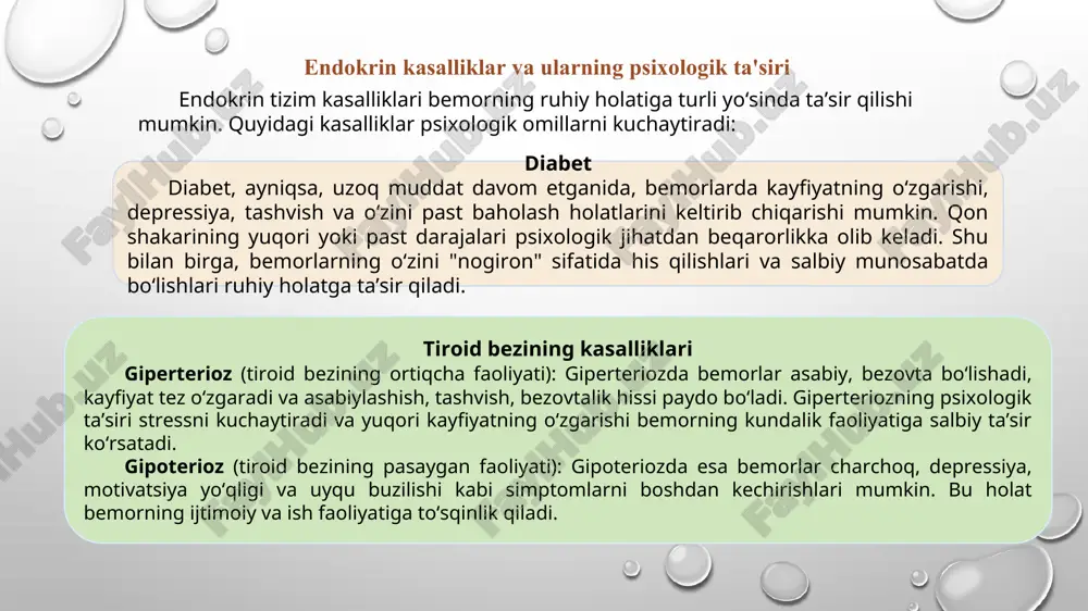ortizol va boshqa stress gormonlarining miqdorini muvozanatlashga yordam beradi. xulosa endokrin kasalliklar va psixosomatik jarayonlar o'rtasidagi aloqalar chuqur va murakkab. gormonlar miqdorining o'zgarishi ruhiy holatni o'zgartirishi va aksincha, ruhiy holatning yomonlashishi endokrin tizimni buzishi mumkin. shuning uchun endokrin kasalliklarni davolashda psixosomatik jihatlarni hisobga olish va kompleks yondoshuvni qo'llash juda muhimdir. psixoterapiya, stressni boshqarish, va ijtimoiy qo'llab-quvvatlash kabi usullar bemorning umumiy holatini yaxshilashga yordam beradi. e’tiboringiz uchun rahmat !!!