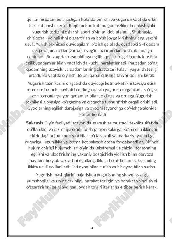 va orqaga. yugurish texnikasi g'oyasiga ko'rgazma va qisqacha tushuntirish orqali erishiladi. oyoqlarning egilish darajasiga va oyoqni tayanchga qo'yishga alohida e'tibor beriladi sakrash. o'yin faoliyati jarayonida sakrashlar mustaqil texnika sifatida qo'llaniladi va o'z ichiga oladi boshqa texnikalarga. ko'pincha ikkinchi chiziqdagi hujumkor o'yinchilar (o'rta vaznli va markaziy) yuqoriga, yuqoriga - uzunlikka va ketma-ket sakrashlardan foydalanadilar. birinchi hujum chizig'i hujumchilari o'yinida (ekstremal va chiziqli torsonning egilishi va uloqtirishning yakuniy bosqichida yiqilish bilan darvoza maydoni bo'ylab sakrashni egallang. ikkala holatda ham sakrashning ikkita usuli qo'llaniladi: ikki oyoq bilan surish va bir oyoq bilan surish. yugurish mashqlarini bajarishda yugurishning shovqinsizligi, yumshoqligi va uning erkinligi, harakat tezligini va harakat yo'nalishini o'zgartirishni belgilaydigan joydan to'g'ri itarishga e'tibor berish kerak. bir oyoqqa sakrash qadam bilan yoki ikki yoki uch qadam bilan bajariladi. qanday bo'lmasin, itarish parvozning inertial kuchlaridan maksimal darajada foydalanish uchun amalga oshiriladi, shu bilan birga, qaytarishdan oldingi parvozning oxirgi bosqichi avvalgilaridan bir oz kengroq bo'lishi kerak. …