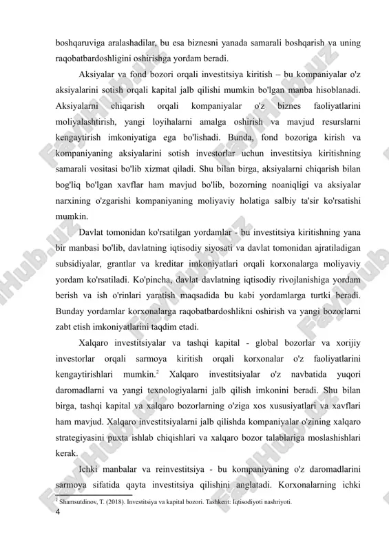 higa, yangi texnologiyalarni yaratish va joriy qilishga yordam beruvchi asosiy moliyaviy resurslarni aniqlashga qaratilgan. odatda investitsiya manbalari kompaniyaning muvaffaqiyatli ishlashini ta'minlashda va o'zining bozor raqobatbardoshligini oshirishda katta rol o'ynaydi. investitsiya manbalarining turlari ko'plab ilmiy manbalarda keng yoritilgan. bank krediti va boshqa moliyaviy institutlar tomonidan taklif etilayotgan kreditlar, aksiyalar chiqarish, xususiy kapital va davlat ko'magi kabi manbalar keng tarqalgan va ularning har biri o'zining afzalliklari va cheklovlariga ega. o'zgartirilgan va yangilangan qonunchilik hamda global bozorlarning rivojlanishi bu sohada keng ko'lamli o'zgarishlarni yuzaga keltirgan. shuningdek, iqtisodiy sharoitlar, bozor talab va global moliyaviy omillar ham investitsiya manbalarining samaradorligini belgilaydi. ko'plab tadqiqotlarda biznesga investitsiya kiritish jarayonida ma'lum risklarni hisobga olish zarurligi ta'kidlanadi. har bir investitsiya manbasi o'zining xavf darajasi bilan birga keladi, masalan, bank krediti o'zining yuqori foiz stavkalari va qarzni to'lash majburiyatlari bilan bog'liq xavf tug'diradi, xususiy kapital esa korxonaning boshqaruviga aralashishni o'z ichiga oladi. shuning uchun, har bir kompaniya o'zining ehtiyojlariga mos …