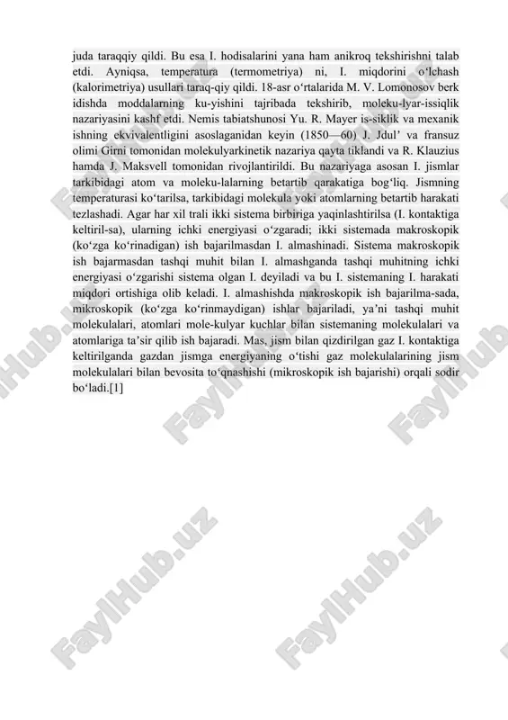 likning almashinishi erkin konvektsiya deyiladi. tashki kuchlar taʼsirida majburiy konvektsiya yuz beradi. issiqlikning elektromagnit tulkinlar yordamida tarqalishiga issiqlikning nurlanishi deyiladi. real sharoitlarda issiqlik almashinish aloxida olingan biror usul bilan emas, balki bir necha usullar yordamida yuzaga keladi, yaʼni murakkab issiqlik utkazish jarayonlari amalga oshiriladi. tekis va silindrsimon davorning issiklik utkazuvchanligi. bir-biriga tegib turgan kichik zarrachalarning tartibsiz xarakati natijasida yuz beradigan issiklikning utish jarayoni issiklik utkazuvchanlik (yoki konduktsiya) deyiladi. gaz vatomchili suyukliklarda molekulalarning xarakati natijasida yoki kattiq jismlarda kristall panjaradagi atomlarning tebranishi taʼsirida yoxud metallarda erkin elektronlarning diffuziyasi okibatida issiklik utkazuvchanlik jarayoni sodir buladi. kattik jismlarda va gaz yoki suyukliklarning yupka katlamlarida issiklik asosan issiklik utkazuvchanlik orqali tarqaladi. issiqlik — materiya harakati shakli; jismlar oʻrtasidagi issiqlik almashinish jarayonining energetik ifodasi. materiyani tashkil qiluvchi mikrozarralar (molekula, atom, elektron va b.) ning betartib harakatlari miqdori i. ni ifodalaydi. i. va is-siqlik miqdori atamalari bir xil maʼnoni bildiradi. i. haqidagi maʼlumotlar juda qadimdan maʼlum. …