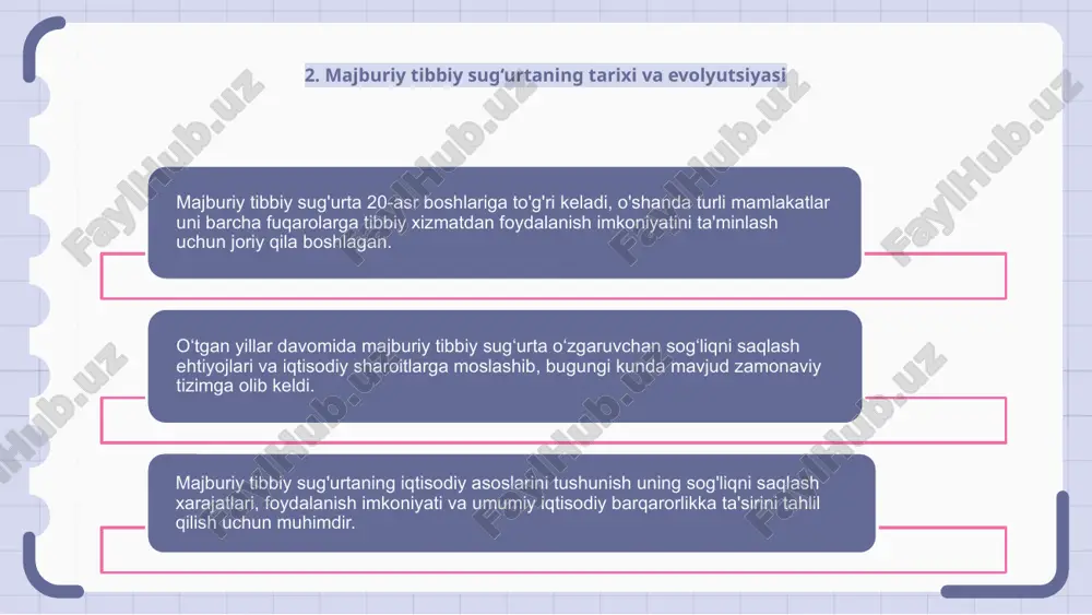 ning xabardorligi, siyosiy irodasining etishmasligi va infratuzilma muammolaridan kelib chiqishi mumkin, bu esa sog'liqni saqlashning universal qamroviga erishish uchun hal qilinishi kerak. 9. majburiy va ixtiyoriy tibbiy sug'urtaning qiyosiy tahlili majburiy tibbiy sug'urta - bu jismoniy shaxslar qonun bo'yicha tibbiy sug'urtaga ega bo'lishlari shart bo'lgan tizim bo'lib, jamiyatning barcha a'zolari uchun tibbiy xizmatlardan foydalanish imkoniyatini ta'minlaydi. majburiy tibbiy sug'urtaning iqtisodiy asosi jismoniy shaxslarni tibbiy xarajatlarning moliyaviy yukidan himoya qiladigan barqaror sog'liqni saqlash tizimini yaratish uchun xavf va resurslarni birlashtirishdan iborat. qiyosiy tahlilda, majburiy sug‘urta universal qamrov va ijtimoiy birdamlikni ta’minlaydi, ixtiyoriy sug‘urta esa aholining ijtimoiy himoyaga muhtoj qatlamlari uchun teng huquqsiz foydalanish va cheklangan himoyaga olib kelishi mumkin. 10. majburiy tibbiy sug‘urtaning kelajakdagi yo‘nalishlari majburiy tibbiy sug'urta moliyaviy ahvolidan qat'i nazar, barcha shaxslarning tibbiy xizmatdan foydalanishini ta'minlaydi. u sog'liqni saqlash sohasidagi tenglikni ta'minlovchi va sog'liqni saqlash sohasidagi nomutanosiblikni kamaytiradigan xavfsizlik tarmog'i bo'lib xizmat qiladi. majburiy tibbiy sug'urtaning iqtisodiy asoslari xavflarni …