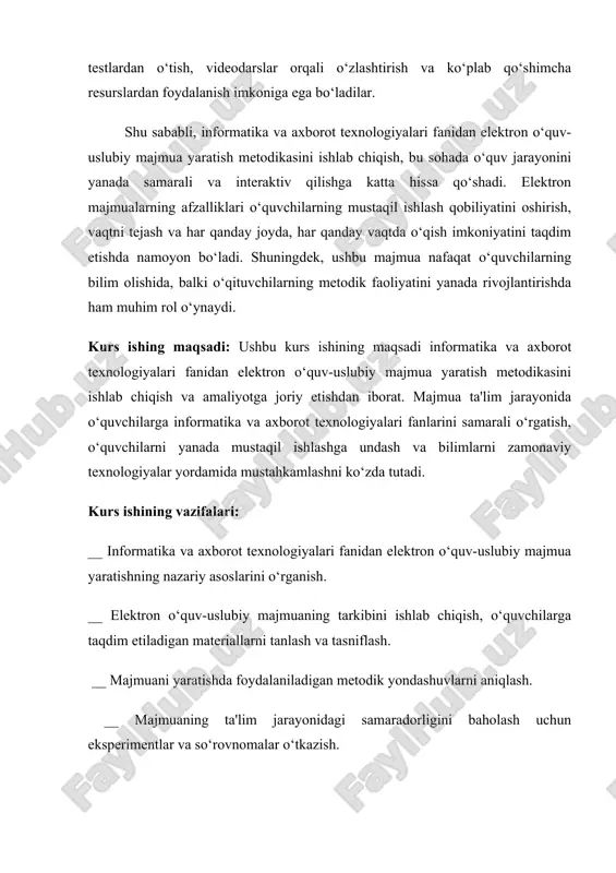 urs ishining metodologik asosi: o‘quvchilarga ta'lim berishning zamonaviy metodik yondashuvlari, axborot texnologiyalari va interaktiv o‘qitish usullariga asoslanadi. shuningdek, ta'limni informatika va axborot texnologiyalari vositalari yordamida tashkil etish bo‘yicha ilmiy va pedagogik nazariyalar hamda tajriba-so‘rovlar asosida shakllantirilgan metodikalar ishlatiladi. kurs ishining amaliy ahamiyati: elektron o‘quv-uslubiy majmuasi informatika va axborot texnologiyalari fanidan o‘quvchilarga ta'lim berishda qo‘llanilishi mumkin. majmua, o‘quvchilarga mustaqil o‘qish, ma'lumotlarni tahlil qilish va amaliyotda qo‘llashni o‘rgatishda samarali vosita bo‘lib xizmat qiladi. bundan tashqari, elektron majmualar yordamida o‘qituvchilar o‘z darslarini interaktiv tarzda tashkil etishi va o‘quvchilarning faol ishtirokini ta'minlashi mumkin. i-bob elektron o‘quv-uslubiy majmua yaratishning nazariy asoslari 1.1 elektron o‘quv-uslubiy majmua tushunchasi va tarkibi respublikamizda olib borilayotgan tub iqtisodiy islohotlar ta`lim sohasida ham izchil va uzluksiz o`zgarishlarni amalga oshirishni taqozo etmoqda. iqtisodiyotning bozor munosabatlariga o`tganligi kadrlarni tayyorlash sohasida jahon andozalarga mos ravishda tub o`zgarishlar qilinishini talab etadi. ma`lumki, firmalar, korxonalar va tashkilotlarning samarali ishlashini, unda ishlovchi malakali va bilimli xodimlar ta`minlaydi. …