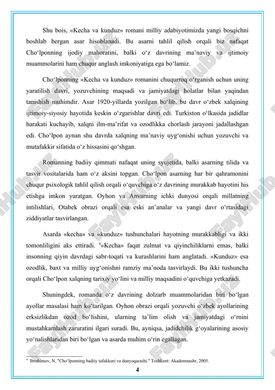 i, avvalo, uning tarixiy va ijtimoiy mazmunida namoyon bo‘ladi. roman 20-asr boshlaridagi o‘zbek jamiyatining murakkab ijtimoiy-siyosiy jarayonlarini aks ettiradi. bu davrda turkistonda milliy uyg‘onish harakati jadallashgan, jadidlarning ma’rifatparvarlik g‘oyalari kuchaygan edi.[footnoteref:5] cho‘lpon asar orqali xalqni jaholatdan xalos bo‘lishga, ilm-ma’rifatga intilishga undagan. bugungi kunda ham o‘zbek jamiyati ma’naviy yuksalish va taraqqiyot sari intilmoqda. shu sababli, romandagi g‘oyalar bugungi kun bilan hamohangdir. [5: shamsiev, r. "o'zbek adabiyotida realizm va modernizm." toshkent: adabiyot, 1998.] ikkinchidan, asardagi ayollar mavzusi dolzarbligi bilan ajralib turadi. cho‘lpon o‘z asarida ayollarni ilm-ma’rifatga chorlash, ularning huquq va erkinliklarini targ‘ib qilish masalasini o‘rtaga tashlagan. oyhon obrazi orqali yozuvchi o‘z davrining ma’rifatli, mustaqil fikrlaydigan ayolini gavdalantiradi. bugungi kunda jamiyatda gender tengligi, ayollarning jamiyat hayotidagi o‘rni va roli dolzarb masalalardan biri hisoblanadi. shu nuqtai nazardan, romanning bu jihati zamonaviy o‘quvchi uchun ham qimmatli. uchinchidan, asarda badiiy ijod va til masalalari ham dolzarbdir. cho‘lpon “kecha va kunduz” orqali o‘zbek badiiy nasrini yangi bosqichga …