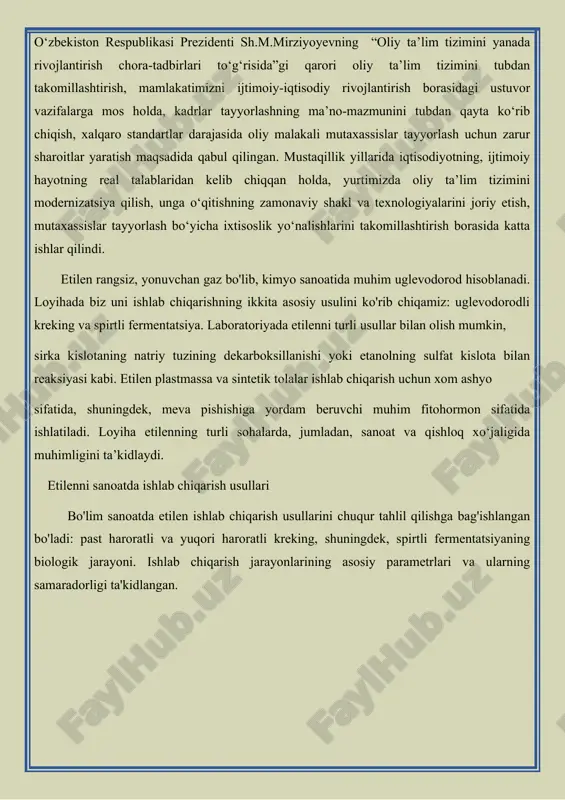 kislorodi yordamida oksidlab ham olinadi. jarayonda katadizator sifatida temir oksidi (70%) va xrom oksidi (30%) dan tayyorlangan katalizator qо‘llaniladi. etilen yuqori unum bilan etan va propandan yoki ularning aralashmasidan «avtotermik kreking» usulida olinadi. bu usulning mohiyati shundaki, boshlang‘ich uglevodorodlar inert gaz bilan suyultirilgan holatda shunday miqdordagi havo bilan aralashtiriladi, ularni yoqilganda ajralib chiqadigan issiqlik kreking jarayonini amalga oshiradi. etilen atsetilenni qisman gidrogenlash yо‘li bilan ham sanoatda ishlab chiqariladi. jarayon atmosfera bosimida yoki bir oz yuqori bosimda olib boriladi. yuunda boshlang‘ich moda – atsetilen katalizatorni zaharlovchi moddalardan о‘ta darajada toza bо‘lishi kerak. dastlab atsetilen xlorli suv bilan, keyin esa ishqorning suyultirilgan eritmasi bilan yuvuvchi qurilmalarda yuviladi va quritiladi. ishlatiladigan vodorod ham katalizator zaharlaridan toza bо‘lishi kerak. reaktorda tо‘rsimon tо‘siqlarda katalizator–kremniy oksidi sirtiga palladiy joylashtiriladi. atsetilen va vodorod aralashmasi 200 0s gacha qizdiriladi, reaksiya davomida esa 180-230 0s oraliqda ushlab turiladi. reaktordan chiqqan mahsulot 80% bug‘ va 20% gazdan iborat bо‘ladi. gaz …