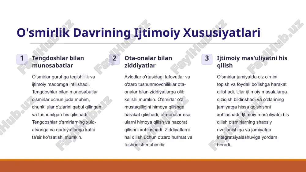 a tanasiga jiddiy zarar yetkazishi va ularning hayotini buzishi mumkin. davolash usullari reabilitatsiya markazlari va psixologik yordam qaramlikni davolashning eng samarali usullari hisoblanadi. qaramlikdan xalos bo'lish uchun o'smirlarga professional yordam, qo'llab-quvvatlash va motivatsiya kerak bo'ladi. 8 xulq-atvordagi salbiy tendensiyalar: depressiya va anksiyete depressiyaning sabablari 1 anksiyetening belgilari 2 yordam so'rash 3 yo'qotish, stress va o'ziga past baho berish depressiyaning asosiy sabablari hisoblanadi. xavotirlik, qo'rquv va asabiylik anksiyetening asosiy belgilari hisoblanadi. psixologlar va psixiatrlar bilan maslahatlashish depressiya va anksiyeteni davolashning eng muhim qadamlaridan biridir. 9 o'smirga yordam berish usullari ota-onalarga maslahatlar o'smir bilan ochiq muloqot qilish, uni qo'llab-quvvatlash va tushunish ota-onalarning asosiy vazifalaridan biridir. o'smirga o'z fikrlarini bildirishga imkon berish, uning muammolariga e'tibor qaratish va uni qabul qilish uning o'ziga bo'lgan ishonchini oshirishga yordam beradi. o'qituvchilarga maslahatlar o'smirlarga hurmat bilan munosabatda bo'lish, ularning muammolariga e'tibor qaratish va ularni qo'llab-quvvatlash o'qituvchilarning asosiy vazifalaridan biridir. o'smirlarga o'z qobiliyatlarini namoyon etishga imkon berish, ularning …