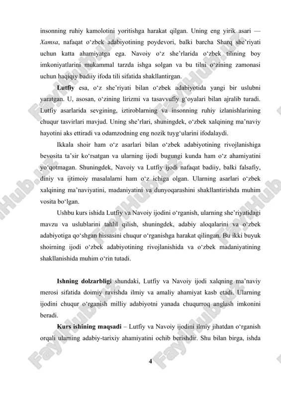 dining o‘rganilishi o‘zbek tilining go‘zalligi va badiiy imkoniyatlarini kengroq targ‘ib qilish, yoshlarda adabiyotga bo‘lgan qiziqishni oshirish, ularning ma’naviy dunyosini boyitishda muhim manba bo‘lib xizmat qiladi. lutfiy ijodida ifoda etilgan samimiy va chuqur insoniy g‘oyalar bugungi kunda ham o‘z ahamiyatini yo‘qotmagan. shoir asarlarida ko‘tarilgan muhabbat, axloqiy poklik, mehnatsevarlik kabi mavzular har bir davrda dolzarbdir. alisher navoiy ijodining esa o‘zbek adabiyotini jahon miqyosida tanitganligi, til va adabiy an’analar rivojiga qo‘shgan hissasi, shuningdek, falsafiy va ijtimoiy mavzulardagi asarlari bugungi kun adabiy va ilmiy tadqiqotlari uchun o‘ta muhimdir. mazkur kurs ishining dolzarbligi shundan iboratki, u ikki buyuk shoirning ijodini ilmiy yondashuv asosida chuqur o‘rganish orqali ularning ijodidagi badiiy va ma’naviy boyliklarni ochib beradi. shu bilan birga, milliy adabiyotni o‘rganish orqali yosh avlodning dunyoqarashini kengaytirish, ma’naviy qadriyatlarni mustahkamlash va xalqimizning madaniy merosiga bo‘lgan qiziqishni oshirishga xizmat qiladi.shuningdek, lutfiy va navoiy ijodining dolzarbligi ularning asarlarida aks etgan insoniy qadriyatlarning zamonaviy jamiyat uchun ahamiyatli ekanligi bilan ham …