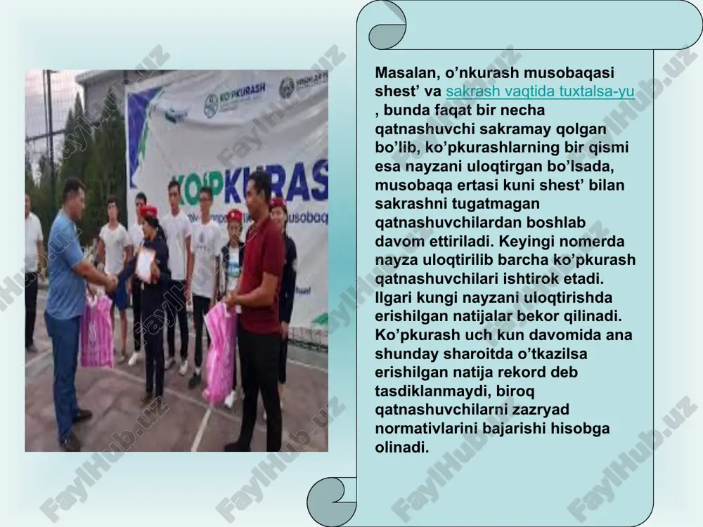 r o`rganishga qaratilgan faoliyat asosiy texnik xarakatlarni avtomatlashtirilgan darajaga etkazish imkonini beradiki, bu shol mashqni mustaqil ravishda va texnik jishatdan to`g`ri bajarishda namoyon bo`ladi. 7. mashq texnikasini mustashkamlash va takomillashtirish uchun o`qituvchi o`quvchi rashbarligida xarakatni mustaqil bajarishni davom ettiradi. tekis yugurish ma`lum masofaga yoki vaqtbay tarzda yugurish yulkasida (soat strelkasi harakatiga teskari yo`nalishda) o`tkaziladi. 400 metrga va undan qisqa masofaga yugurishda har bir yuguruvchi uchun alohida yo`lka ajaratiladi. qolgan masofalarga yugurish umumiy yo`lkada o`tkaziladi. belgilangan masofani o`tish uchun sarflangan vaqt sekundomer bilan o`lchanadi. bir soatlik va ikki soatlik yugurishda vaqt chegaralangan bulib, natija shu vaqt ichida bosib o`tilgan masofa tarzida metr hisobida aniqlanadi. tusiqlar osha yugurishning ikkita xili bor: 1) g`ovlar osha yugurish – bunda yugurish yo`lkasida bir-biridan bir xil o`zoqlikda masofadagi muayyan joylarga quyilgan bir tipdagi tusiqlardan oshib, 60 dan 400 m masofaga yuguradi: 2) 3000 metrga tusiqlar osha yugurish (stipl`-chez) – bunda yugurish yo`lkasida u er- bu erda …
