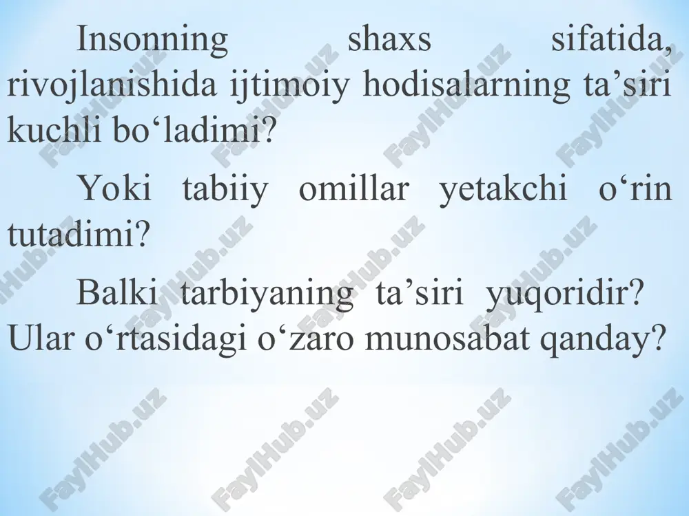 ’minlaydi, sezgilari va irodasining о‘sishiga ta’sir kо‘rsatadi o‘rta va katta maktab yoshi (o‘smirlik, ilk o‘spirinlik 12-17 yosh). o‘smirlikning murakkabligi anotomik-fiziologik va psixologik xususiyatdagi kuchli o‘zgarishlar bilan bog‘liqdir. bolaning o‘sishi tezlashadi. bu davrni o‘tish davri ham deyiladi. bu davrda jinsiy yetilish davri boshlanadi. bu bolaning fe’l-atvoriga ta’sir etadi. o‘smir hayotida mehnat, o‘yin, sport va jamoat ishlari katta rol o‘ynaydi. ba’zilarining o‘zlashtirishi pasayadi, intizomi bo‘shashadi. bu davr o‘spirinlarning ilk balog‘atga etgan davridir. mazkur davrda jinsiy etilish tugaydi. ularda mustaqillik sezila boshlaydi. o‘spirin yoshlar hayotga kelajak nuqtai nazaridan qaray boshlaydilar. madaniy darajasini orttirishga intilish kuchaya boradi, his-tuyg‘ularida ham o‘zgarish yuz beradi. o‘z-o‘zlarini tarbiyalashga kirishadilar. ideal tanlash va unga ergashish kuchayadi. bu davrda, ular o‘rtasida munozaralar o‘tkazish yaxshi natija beradi. o‘spirinlik - bu aqliy faoliyatning ham rivojlanish davri sanaladi. ular o‘z fikrlarini mustaqil ifodalashga harakat qilib, shaxslik xislatlarini namoyish eta boshlaydilar. shunda o‘qituvchilar va katta yoshlilar ularning hali g‘o‘r fikrlari va dunyoqarashlarini to‘g‘ri yo‘naltirishlari …