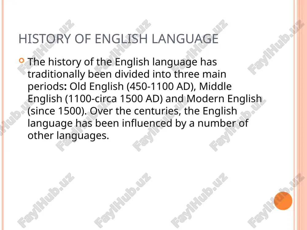 ecame cheaper and more people learned to read. printing also brought standardization to english. modern english (1500 to the present): by the time of shakespeare's writings (1592-1616), the language had become clearly recognizable as modern english. there were three big developments in the world at the beginning of modern english period: the renaissance, the industrial revolution, and the british colonialism. hamlet's famous "to be, or not to be" lines, by shakespeare. english renaissance it was during the english renaissance that most of the words from greek and latin entered english. this period in english cultural history (early 16th century to the early 17th century) is sometimes referred to as "the age of shakespeare" or "the elizabethan era", taking the name of the english renaissance's most famous author and most important monarch, respectively. the industrial revolution england began the industrial revolution (18th century) and this had also an effect on the …