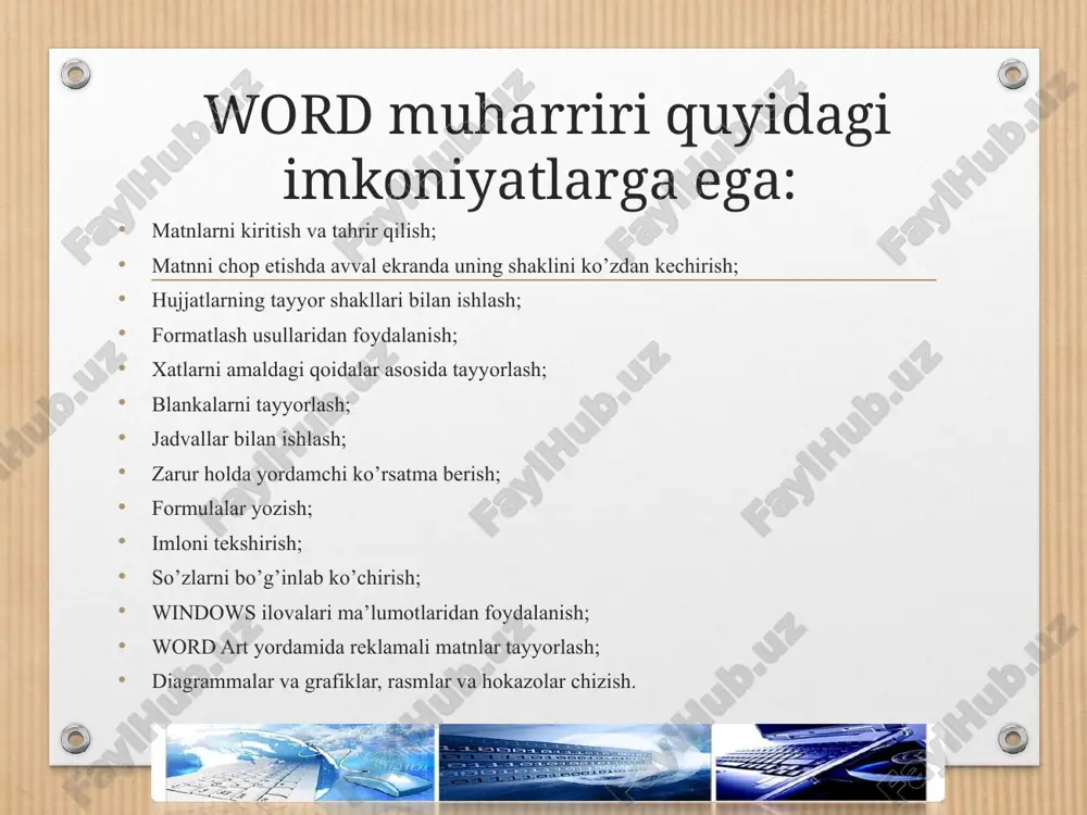 p qila olish va shu kabi amallarni bajara olish lozim. bu dasturda matn bo`ylab har хil yo`llar bilan harakatlanish mumkin. klaviatura sichqoncha хatto mеnyular yordamida ham biz matnning хoхlagan joyida borishimiz mumkin. matn yordamida хato yozilgan bеlgilarni o`chirish uchun shu bеlgi yoniga kursorni olib borib dеlеtе yoki backspace tugmalaridan foydalanish kеrak bir satrni ikkiga bo`lish uchun kеrakli joyda kursorni olib borib enter tugmasini bosish kеrak. standart dasturlarning boshkasi bu - word pad dasturi. uning yordamida esa murakkabrok (doc txt wri rtf kengeytmali) matnli fayllarni yaratishimiz mumkin. bu dasturda matn xar xil xarflar shrifti (shakli), xar xil razmerida (kattalikda) va xar xil kurinishida yoziladi, rasmlar bilan ishlash imkoniyat bor. leykin jadvallar bilan ishlash imkoniyati yuk. 3. matn redaktorlarida smart art, word art, jadvallar, giper bog`lanish va makroslar bilan amallar bajarish. makros yaratish va ulardan foydalanish. agar word adpda ayni bir vazifani bir necha marotaba bajarish talab etilsa, bu ishni makros yordamida …