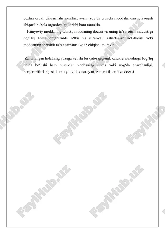 ta’sir kabilar. ishlab chiqarishga doir kimyoviy omillarning spetsifik ta’sirlariga gigienik tasnif ayrim turdagi sanoat zaharlari umum zaharli ta’sir samarasidan tashqari spetsifik ta’sir ko‘rsatish xususiyatiga ham egadir - allergenlik, kanserogenlik, mutagenli, teratogenli, embriotoksik ta’sir kabilar. sanoat allergenlari - bu shunday moddalar, ular organizmga tushganda, ma’lum muddatlardan so‘ng organizmni allergizatsiya holatiga olib keladi. allergenlik xususiyatiga ko‘pincha yuqori molekulali organik birikmalar ega bo‘ladi, ammo ma’lumki ko‘pgina quyi molekulali moddalardan tortib, toki ayrim kimyoviy elementlargacha ana shunday ta’sir ko‘rsatish xususiyatiga ega, masalan, kobalt, nikel birikmalari (co, ni). bu moddalar organizmda gaptenlik vazifasini o‘taydi, hujayralardagi oqsil molekulalari bilan birikib murakkab komplekslar hosil qiladi, bu moddalar o‘z o‘rnida organizmni autoallergizatsiya holatiga olib keladi. ishchilar organizmida yuzaga keladigan allergik holatlar tez sodir bo‘ladigan va sekinlik bilan yuzaga keladigan allergik reaksiyalar ko‘rinishida namoyon bo‘lishi mumkin. tez sodir bo‘ladigan allergik reaksiyalarga bronxial astma, angionevrotik shish, eshakemi va sekinlik bilan yuzaga keladigan allergik reaksiyalarga - dermatitlar, ekzemani kiritish mumkin. bunday …