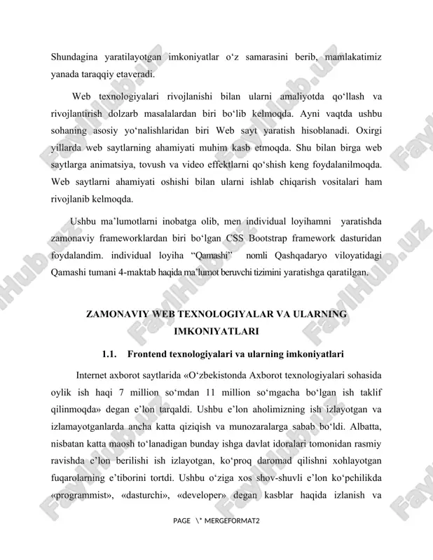 an uzoqroq bo‘lgan insonlarda «bu kasbni egallash qiyin, «mening mutaxassisligim umuman boshqaku, «yoshim o‘tib qoldi, endi kech» kabi fikrlar tug‘ilishi tabiiy. lekin, dasturchilik haqida internetdan maqolalarni qidirib o‘qilsa fikrlar ijobiy tomonga o‘zgaradi va dasturchilikni o‘rganishga ishtiyoq paydo bo‘ladi. to‘g‘ri, balki kelajakda kuchli dasturchi, professional developer bo‘lmasligi mumkindir, lekin, frontend texnologiyalarini boshlang‘ich darajada yaxshi o‘rganishining o‘ziyoq ilmiy-ijodiy va biznes g‘oyalarini rivojlantirish uchun katta imkoniyatlar eshigini ochadi. axborot olamining cho‘qqilari bo‘lgan microsoft, apple, google, facebook, amazon, alibaba kabi kompaniyalarning dunyoga kelishi ham oddiy qiziqish va ishtiyoqning samarasidir. frontend - bu o‘zi nima va yuqoridagi gaplarga buning nima bog‘liqligi bor?» dersiz, bu savolingizga ushbu bo’limda javob topasiz degan umiddamiz. frontend - «tashqi interfeys degan ma’noni bildirib, veb texnologiyalarning biridir. bu texnologiya yordamida veb sahifalarning insonga ko‘rinib turuvchi, ma’lumot beruvchi vizual qismi yaratiladi. frontend texnologiyalarini o‘rgangan inson o‘z ijodkorligi, kreativ yondoshuvi orqali turli g‘oyalarini veb sahifalar, dasturlar shaklida ro‘yobga chiqarishi mumkin bo‘ladi. bugungi kunda …