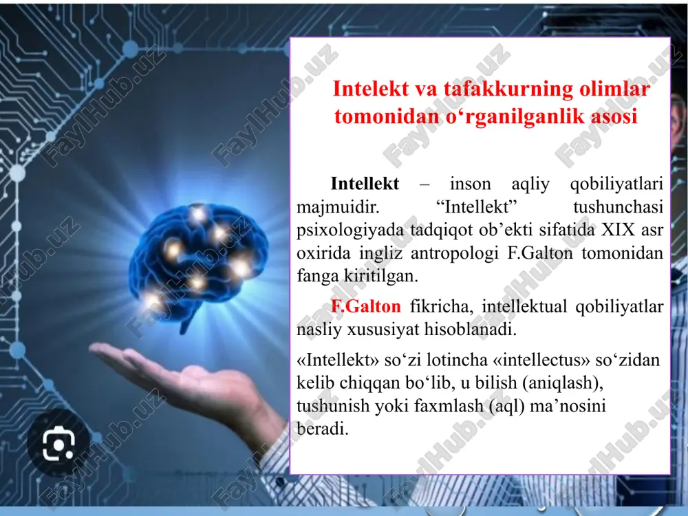 nsning “ijodiy tafakkur” testi 3 ta subtestdan tashkil topib, ijodiy tafakkurning samaradorligi, egiluvchanligi, originallagi, ishlanganligi kabi jihatlarini ochib berishga xizmat qiladi. bunda 30 ball yomon, 30—34 — normadan, 35—39 normadan biroz past, 40—60 — norma, 61—65 — normadan biroz yuqori, 66—70 — normadan yuqori, 70 — a’lo. ijodiy tafakkur samaradorligi tanlanmalarda 65±20,19 ballni, ijodiy tafakkur egiluvchanligi 60±25,01 ballni, ijodiy tafakkur originallagi 57±28,1 ballni, ijodiy tafakkur ishlanganligi 59±23,25 ballni tashkil etib natijalar normaga to‘g‘ri keladi. gardnerning "intellektual xilma-xilligi" testi natijalari o’g’il bolalar mantiqiy-matematik intellekt fazoviy-vizual intellekt tana-kinetik intellekt 98.64 106.99 108.34 qizlar mantiqiy-matematik intellekt fazoviy-vizual intellekt tana-kinetik intellekt 77.14 83.9 87.99 ranglarda torrensning "ijodiy tafakkur" testi bo‘yicha farqlar o’g’il bolalar ijodiy tafakkur samaradorligi ijodiy tafakkur originalligi 99.08 106.21 qizlar ijodiy tafakkur samaradorligi ijodiy tafakkur originalligi 78.180000000000007 90.3 ranglarda e’tiboringiz uchun rahmat 16 image3.png image4.jpeg image5.png image6.jpeg image7.jpeg image8.png image9.jpeg image10.jpeg image11.jpeg image12.png image13.jpeg image14.png image15.png image16.png image17.jpeg image18.jpeg image19.png image1.png /docprops/thumbnail.jpeg