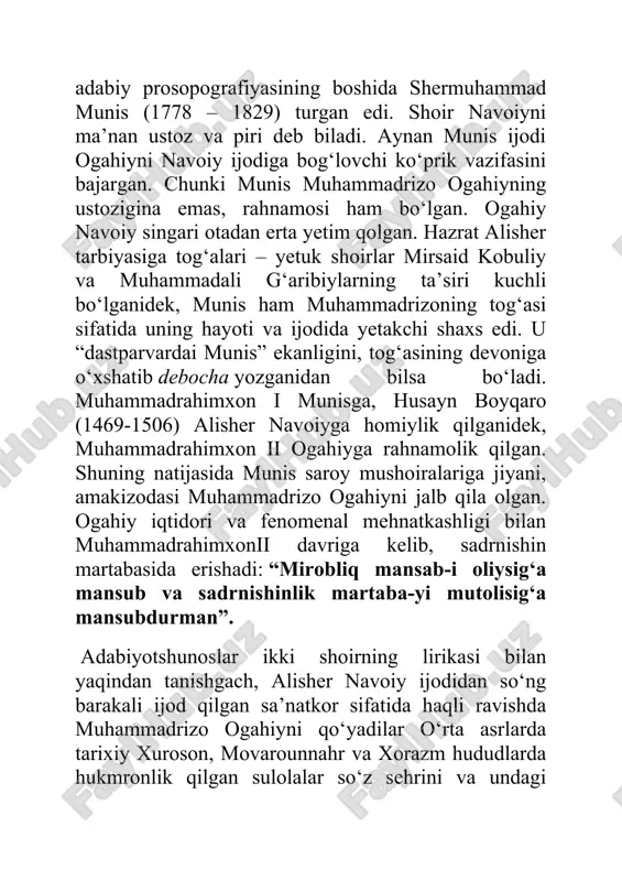 hiy lirikasi yangi davrning “qayta quruvchisi” edi, uning so‘zlaridan foydalanib, muhammadrahimxon ii feruz (1864 – 1910) xorazm adabiy muhitini yaratgan. navoiyning purhikmat so‘zlari xuroson va movarounnahr, jumladan, qo‘qon xonligi hudularida joylashgan me’moriy yodgorliklarida hali-hanuz aks-sado bermoqda. ichan-qa’la majmuasidagi eng ko‘p epigrafik yozuvlar ogahiy qalamiga mansub. shoirning so‘zlari vositasida feruz, devorlarda ham insonlarni ilmga targ‘ib qilgan. vengriya olim a.vamberi shunday deb yozgandi: istalgan ma’rifatli millatga nisbatan o‘rta osiyolik ko‘chmanchining musiqa va xalq turkiy she’riyatiga berilishi nisbatan kuchlidir. qo‘qon, buxoro va qashqarga nisbatan xiva xonligida bunday ehtiros yanada yuksakroqdir. 2. sermahsul va serqirra tarjimon ogahiy xiva xonligi qo‘ng‘irotlar sulolasining fors tilidan turkiy tilga tarjima qiluvchi tarjimonlar maktabining peshqadami edi. uning tarjimonlik faoliyatiga nazar tashlaydigan bo‘lsak, u ijodining ilk yillarida fors tilidan tarixiy asarlarni tarjima qilishdan boshlagan va mahorati oshib borgan sayin badiiy asarlarni nazmdan nazmga o‘girgan. bugungi kunga kelib, ogahiyning hayoti va ijodining salmoqli qismi yaxshi o‘rganilgan. ammo adibning tarjima asarlarini zamonaviy …