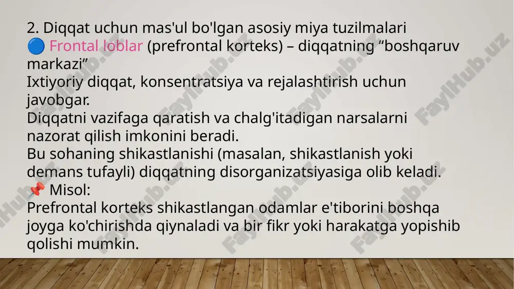 vaqtning o'zida o'qituvchining qarsaklarini sanaydi. keyin eshitganlaringiz asosida savollar bering. bir vaqtning o'zida ikkita vazifaga diqqatni jalb qilish qanchalik qiyinligini muhokama qiling. 🔹 4-tajriba: diqqatning barqarorligi (10 daqiqa) usul: ob'ektni kuzatish testi harakatlanuvchi raqamlar bilan animatsiyani ko'rsatish (masalan, bir vaqtning o'zida bir nechta ob'ektlarni kuzatish uchun test). talabalarni ma'lum bir raqamga ergashishga taklif qiling. miya ma'lumotni qanday filtrlashini va nima uchun diqqat tezda yo'qolishini muhokama qiling. 🔹 diqqatni barqarorligini tekshirish usuli shaxs konsentratsiyasini qancha vaqt ushlab turishini taxmin qiladi. misol: munsterberg testi - maatnda so'zlar yashiringan matn beriladi va u ularni tezda topishi kerak. 🔹 diqqatni almashtirish usuli odam diqqatni bir ob'ektdan ikkinchisiga qanchalik tez o'zgartirishi mumkinligini ko'rsatadi. misol: vazifalarni almashtirish testi - talabaga muqobil topshiriqlar beriladi (masalan, birinchi navbatda raqamlarni hajmi bo'yicha, so'ngra rangi bo'yicha tartiblash). shaklni top metodikasi metodika muallifi t.d. martsinkovskaya maqsad: diqqatning unumdorligi va barqarorligi diagnostikasi. texnika 5-6 yoshli bolalar uchun mo'ljallangan. bola 2,5 daqiqa davomida …