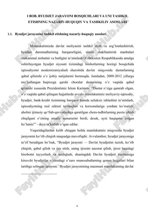 sidagi o’zaro munosabatlarning qonun hujjatlari bilan tartibga solingan jarayoni.3 byudjet jarayonining mazmuni mamlakatning davlat va byudjet tuzilishi, tegishli organlar va yuridik shaxslarning byudjet huquqlari bilan belgilanadi hamda byudjet jarayonining mazmunini belgilashda byudjetni tuzish tartibi, uning normativ-huquqiy va tashkiliy asosi, mamlakat byudjetini tuzishning nazariy va metodologik masalalari muhim rol o’ynaydi. 1-rasm. byudjet jarayoni bosqichlari4 ( byudjet jarayoni bosqichlari byudjet loyihasini tuzish (ishlab chiqish, yaratish); byudjetni ko’rib chiqish (muhokama qilish) va tasdiqlash byudjetni ijro etish byudjetning ijrosi to’g’risidagi hisobotni tayyorlash va uni tasdiqlash ) byudjet jarayoni, odatda, byudjet faoliyatining quyidagi to’rt bosqichini o’z ichiga oladi: ( 1-rasm). -byudjet loyihasini tuzish (ishlab chiqish, yaratish); -byudjetni ko’rib chiqish (muhokama qilish) va tasdiqlash; -byudjetni ijro etish; -byudjetning ijrosi to’g’risidagi hisobotni tayyorlash va uni tasdiqlash. byudjet jarayonining davomiyligi yuqoridagi to’rt bosqichning barchasidan iborat bo’lib, odatda, uch yilga yaqin davom etadi. buning bir yilga yaqini byudjet loyihasini ishlab chiqish (yaratish, tuzish), uni muhokama qilish (ko’rib chiqish) va …