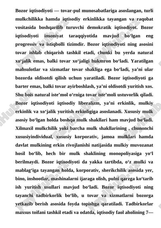 ga aylanadi . bozor iqtisodiyoti da boy boʻlish man etilmaydi , aksincha , unga yoʻl ochib beriladi , daromadning yuqori chegarasi boʻlmaydi , ammo uning quyi chegarasini davlat belgilaydi va ishlovchilar mehnatiga beriladigan haq belgilangan eng kam ish haqilan past boʻlishi mumkin emas . bozor iqtisodiyoti tovar taqchilligi boʻlmagan , tovarlar moʻlkoʻlligi taʼminlanadigan iqtisodiyotdir . bozor iqtisodiyoti ga xos yana bir belgi — bu daromadlarda adolatli tengsizlikning boʻlishidir . &nbsp; bozor iqtisodiyoti teng imkoniyatni bildiradi , ammo bu imkoniyatdan foydalanish kishilarda bir xil boʻlmaydi , har bir kishi ishlab topganiga qarab daromad koʻradi . daromadning tabaqalashuvi boyishga havas uygʻotib , kishilarni iqtisodiy faollikka undaydi . &nbsp; bozor iqtisodiyoti da pul munosabatlari ustun boʻlsada , pul bilan bogʻliq boʻlmagan insoniy munosabatlar : mehrshafqat va xayrehson munosabatlari ham rivoj topadi . bozor iqtisodiyoti rivoj topgan mamlakatlarda katta xayriya pul fondlari muhtojlarga yordam berish ga xizmat kidali va puldan pul chiqarib olishni koʻzlamaydi …