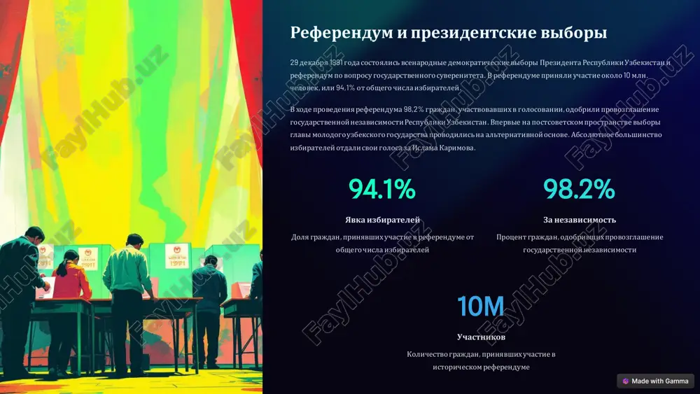 иться ощутимых результатов. сильнаясоциальнаяполитика переход к рыночным отношениям сопровождается осуществлением упреждающих сильных мер по социальной защите людей. поэтапностьреформ становление новых экономических рыночных отношений осуществляется взвешенно, продуманно, поэтапно. https://gamma.app/?utm_source=made-with-gamma принятиеконституцииреспубликиузбекистан конституционнаякомиссия в составе 64 человек под руководствомпрезидента ислама каримова начала свою работу в июне 1990 года. комиссияв течение двух с половиной лет трудилась над проектом новой конституции, проанализировавопыт конституционного строительства в более чем 100 странахмира. 8 декабря 1992 года одиннадцатая сессияверховного совета республикиузбекистан двенадцатого созыва приняла первуюконституциюреспублики узбекистан. в отличие от конституции узсср, конституциянезависимого узбекистана базироваласьна основополагающихмеждународно-правовых документах оон и всеобщейдекларацииправ человека. демократические принципы в конституцииреспублики узбекистанбыли закреплены демократические принципы. в статье 7 закреплено народовластие: единственным источникомвласти является народ. разделение властей система государственной власти республикиузбекистан основывается на принциперазделения властей на законодательную, исполнительнуюи судебную. праваи свободычеловека основополагающиеправа человека в полном соответствии с международными стандартами нашли отражение в главахvii-x конституции. многопартийность конституцияузбекистана закрепила многопартийность. граждане республики имеют право объединяться в политические партии и …