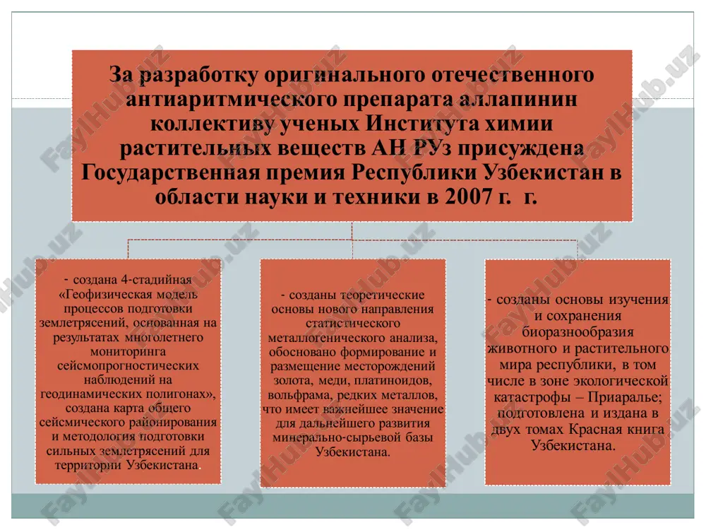я кучного бактериального выщелачивания меди, методика поточного определения осмия-187 и других компонентов в промпродуктах. для нефтехимической промышленности созданыимпортозамещающие керамические фильтроаппараты, понтоны, мембраны для тонкой очистки нефте- и газопродуктов, внедренные на предприятиях нхк «узбекнефтегаз» и ак «узтрансгаз» по республиканской программе локализации;технология получения авиационного топлива для газотурбинных двигателей марки «джет а-1» воздушных судов типа боинг, аэробус, rg на основе местного углеводородного сырья, впервые среди стран снг разработана совместно с бухарским нефтеперерабатывающим заводом и успешно внедрена в производство. для пищевой, строительной и текстильной промышленности и для производства моющих средствразработана технология производства карбоксиметилцеллюлозы (кмц) технической очищенной из хлопковой целлюлозы, которая внедрена на ооо «карбонам» (объем 1,5-2,0 тыс. т. в год) и на ферганском хзфс (800 т/год) для нужд гхк «узбекнефтегаз». посевные семена хлопчатника стоимостью более 4,0 млрд. сум. стимуляторы роста растений, биотехнологические методы борьбы с вредителями растений, в том числе феромонные ловушки хлопковой совки в ежегодном объеме стоимостью более 1,0 млрд. сум, которые поставлены …