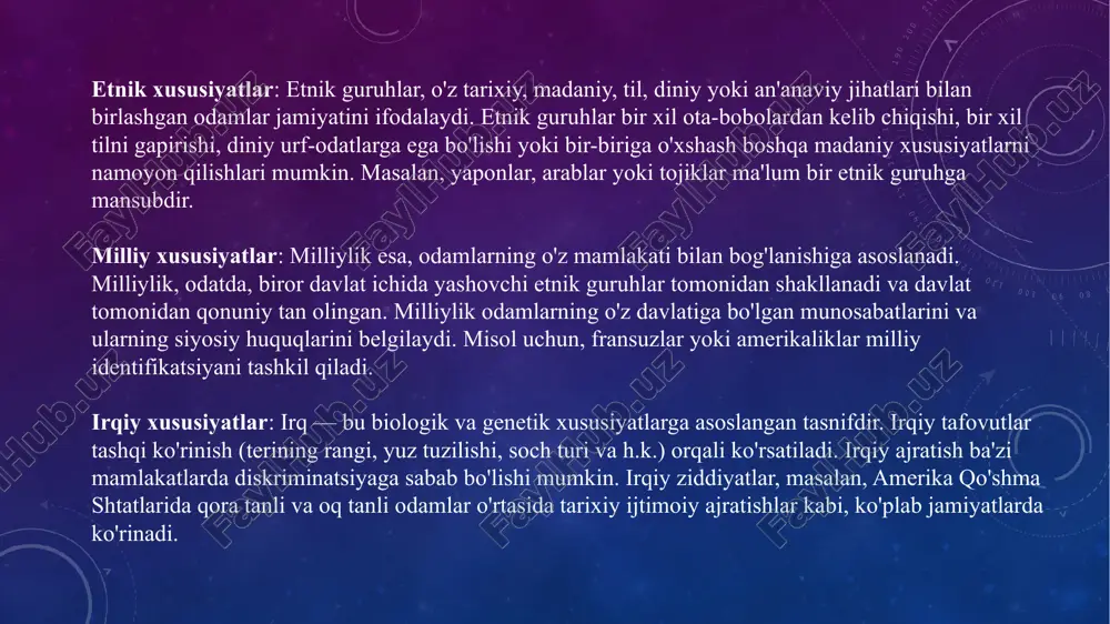 va irqiy faktorlarni hisobga olish, davlatlar o'rtasidagi tinchlikni saqlash va geosiyosiy strategiyalarni shakllantirishda zaruriyatdir. bundan tashqari, etnik va irqiy diversifikatsiyani boshqarish jamiyatlarda ijtimoiy adolatni ta'minlash va barqaror iqtisodiy rivojlanishga erishish uchun muhimdir. shuning uchun, geosiyosatdagi etnik-milliy va irqiy omillarni chuqur tushunish va ularni o'zaro hurmat asosida boshqarish, global barqarorlikka hissa qo'shadi. image2.png image3.png image4.png image5.png image6.png image7.png /docprops/thumbnail.jpeg