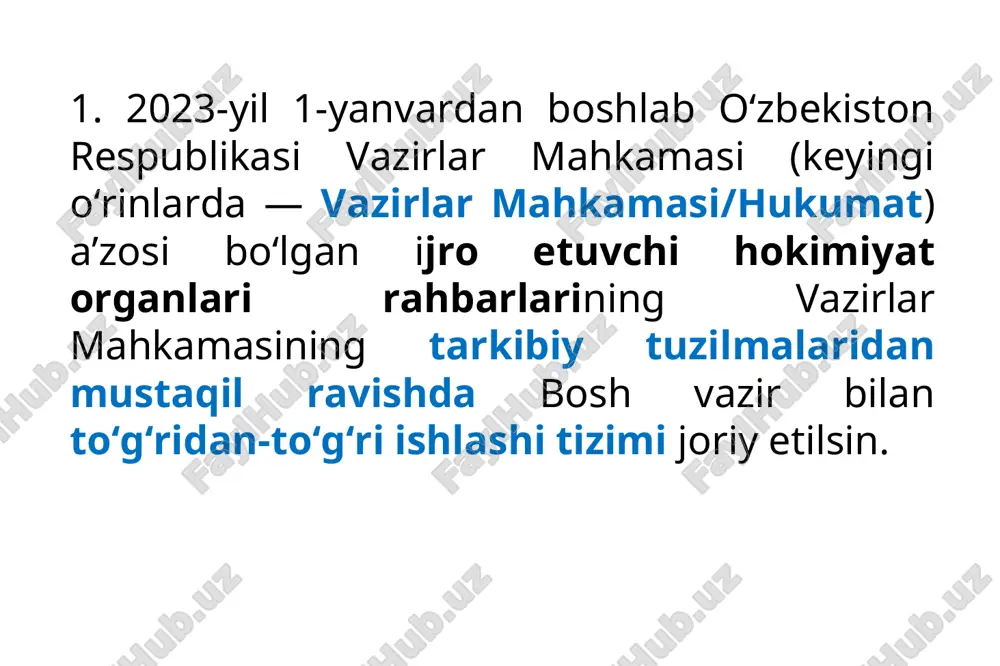 ‘lga qo‘yish yo‘nalishidagi faoliyatini muvofiqlashtiradi va umumlashtiradi; o‘z tizimiga va tashkiliy bo‘ysunuviga kiradigan ijro etuvchi hokimiyat organlari faoliyatini baholashning maqsadli ko‘rsatkichlarini belgilaydi hamda ularga erishish ishlarini muvofiqlashtiradi; huquqiy tartibga solish funksiyasi doirasida idoraviy normativ-huquqiy hujjatlarni qabul qiladi (vazirlik tizimi yoki tashkiliy bo‘ysunuviga kiradigan ijro etuvchi hokimiyat organlari bundan mustasno) hamda qonunchilik hujjatlari loyihalarini ishlab chiqadi; joylardagi muammolarni aniqlash va bartaraf etish tadbirlari amalga oshirilishini muvofiqlashtiradi, o‘z vakolati doirasida huquqiy tartibga solish va nazorat funksiyalarini amalga oshiradi; tegishli tuzilmalarni malakali kadrlar bilan to‘ldirish, ularning bilim va ko‘nikmalarini uzluksiz oshirishga qaratilgan tizimli chora-tadbirlarni ishlab chiqadi va amalga oshiradi; mehnat faoliyatini amalga oshirish va mehnatga haq to‘lashning munosib va adolatli shart-sharoitlarini yaratadi; 3. belgilansinki, 2023-yil 1-yanvardan boshlab: respublika ijro etuvchi hokimiyat organlari rahbarlari va ularning o‘rinbosarlari bir vaqtning o‘zida xo‘jalik boshqaruvi organlarining rahbari vazifasini bajarishi taqiqlanadi; uyushma va boshqa xo‘jalik birlashmalariga davlat hokimiyati vakolatlarini berish va ularning rahbarlarini vazirlar mahkamasi qarorlari bilan lavozimga …