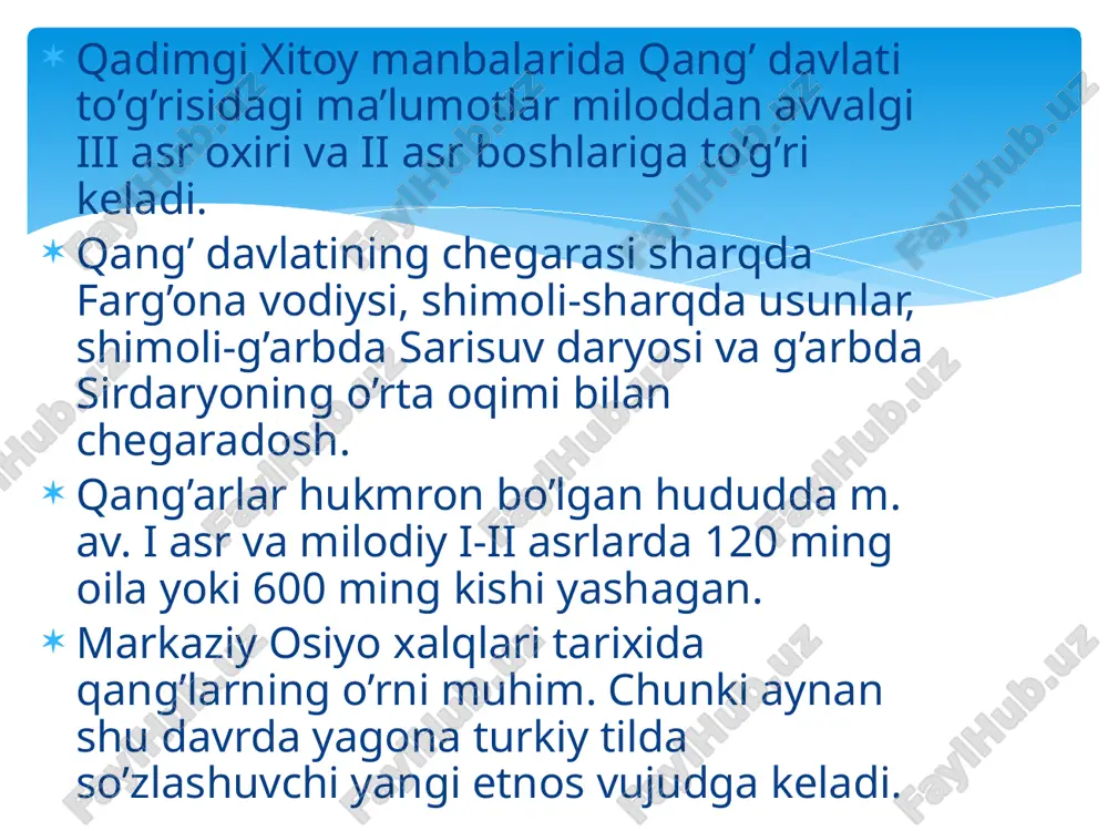 ng ot, 10 ming xachir, eshak, tuya va 50 nafar yirik lashkarboshi yordamida qo’shin yuboradi.ikki o’rtada og’ir janglar bo’ladi. farg’onaliklar ershiga chekinishga majbur bo’ladi. xitoyliklar suvni to’sib qo’yadi. qang’ qo’shinlarining farg’onaliklarga yordamga kelishi, o’rtada sulh imzolanishiga olib keldi. xitoyliklar 3000 ot evaziga shaharni qaytib topshiradi. image2.jpeg image3.jpeg image4.jpeg image5.jpeg image6.jpeg image7.jpeg image8.jpeg image9.jpeg image10.jpeg image11.png image12.jpeg image13.jpeg image14.jpeg image15.jpeg image16.jpeg image17.jpeg image18.jpeg image19.jpeg /docprops/thumbnail.jpeg