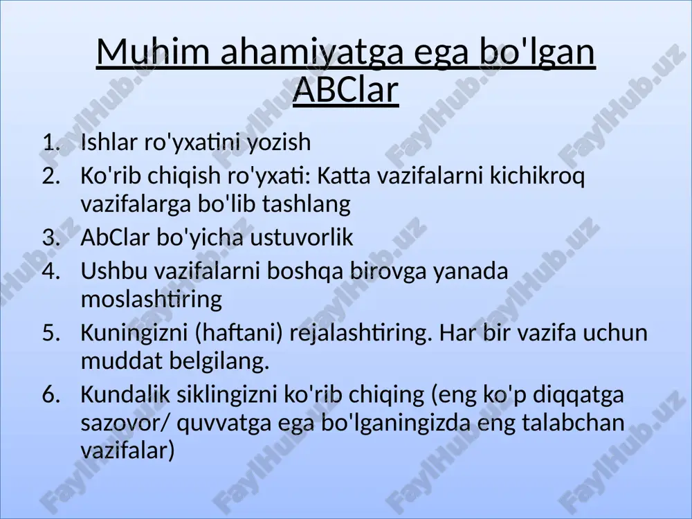 zni boshqarish muvaffaqiyatingizni oshiradi maktabda, ishda , hayotda vaqtingizni yaxshi boshqarish stressni kamaytiradi vaqtingizni yaxshi boshqarish ish-hayot balansini oshiradi yomon xabar vaqt uchadi. xushxabar shuki, siz uchuvchisiz. -maykl althsuler 18 image3.jpeg image4.jpeg image5.jpeg image6.wmf image7.wmf image8.wmf image9.jpeg image10.wmf image11.wmf image1.emf image2.png office worker with mountain of paperwork /docprops/thumbnail.jpeg