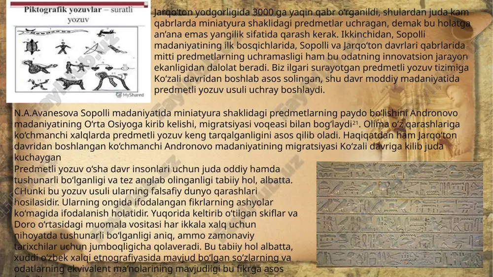 ildi. turar joy binolari katta bichimli xom gʻishtdan (55x29x9 sm) bir yoki bir necha xonali qilib qurilgan. xonalar sahni va devori somonli loy bilan suvalgan. koʻchalar tor, daha ibodatxonasiga boruvchi yoʻlga shagʻal yotqizilgan. erkaklar oʻng yonboshi, ayollar chap yonboshi bilan gʻujanak holda koʻmilgan. jarqo’tondan toshdan yasalgan omoch tishi, koʻplab sopol idish (xumcha, koʻzacha, togʻora, kosa, piyola, togʻoracha, lagan) lar jez igna, bigiz, xanjar, sopol andava, chaqmoqtoshdan ishlangan paykonlar, jez taqinchoqlar (rangli toshlar qadalgan koʻplab toʻgʻnogʻich, bilaguzuk, zirak, oyna) qimmatbaho toshlar va suyakdan yasalgan munchoqlar, jez surmadon, qabila muhr tamgʻalari, ip mato qoldigʻi va boshqalar topilgan. jarqo’ton yodgorligi. sopollitepa — surxondaryo viloyatining (muzrabod tumani) sherobod choʻlini kesib oʻtgan oʻlanbuloqsoy yoqasiga joylashgan jez davriga oid arxeologik yodgorlik. u 1968-yil arxeolog l. albaum tomonidan topilgan. 1969—74 yillarda a. asqarov tomonidan oʻrganilgan s.ning maydoni taxminan 3 ga. uning 1 ga.ga yaqin markaziy qismi mudofaa devorlari bilan oʻrab olingan. qalʼa atrofidagi maydonning kata qismi buzilib, …