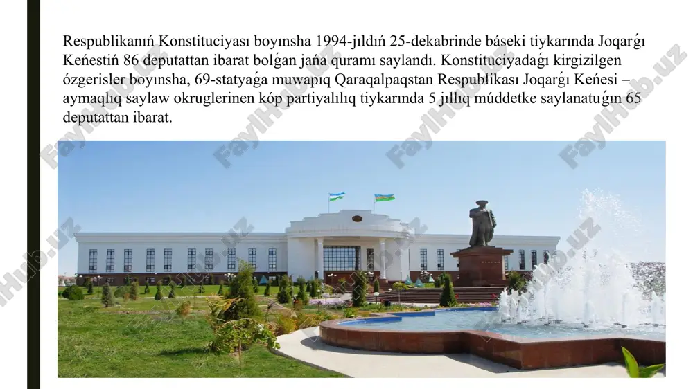 psırıldı. muzeyler xalqımızdıń milliy miyrasın qásterlewshi mádeniyat oshaǵı bolıp, 90 jıldan aslam tariyxına iye, qaraqalpaqstan tariyxı hám mádeniyatı muzeyi 50 mıńnan aslam eksponatları menen milliy ózgesheligimizdi úyreniwge hám xalıq miyrasın qádirlewge xızmet etpekte. i.v. savickiy atındaǵı qaraqalpaq kórkem óner muzeyi tek ǵmda mámleketlerinde ǵana emes, al yaponiya, yugoslaviya, ispaniya, bosniya, bolgariya, siriya, italiya, avstriya ellerinde tań qalarlıq eksponatlar kórgizbesin shólkemlestirdi. 1998-jılı 9-yanvarьda i.v. savickiy atındaǵı qaraqalpaq mámleketlik kórkem óner muzeyi franciyada kórgizbesin ashıp, 300 ge shamalas eksponatlardı tanıstırdı 2013-jılı ózbekstan hám qaraqalpaqstan respublikalarına xızmet kórsetken kórkem óner ǵayratkeri q.záretdinov tárepinen ullı shayırımız i.yusupovtıń «tumaris» librettosına jazılǵan eki aktlı «tumaris» atlı ekinshi qaraqalpaq operası saxnalastırıldı. prezidentimizdiń qatnasında nókis qalasında bolıp ótken jıynalısta qaraqalpaqstandı jáne de rawajlandırıw boyınsha bes baǵdar belgilep berildi. birinshisi sanaattı rawajlandırıw, barlıq tarmaqlarda aldıńǵı hám kishi islep shıǵarıw kárxanaların shólkemlestiriwden ibarat. ekinshi baǵdar isbilermenlikti gúllep jaynawı ushın keń jol ashıp beriw hám onı hár tárepleme qollap-quwatlaw. awıl xojalıǵında …