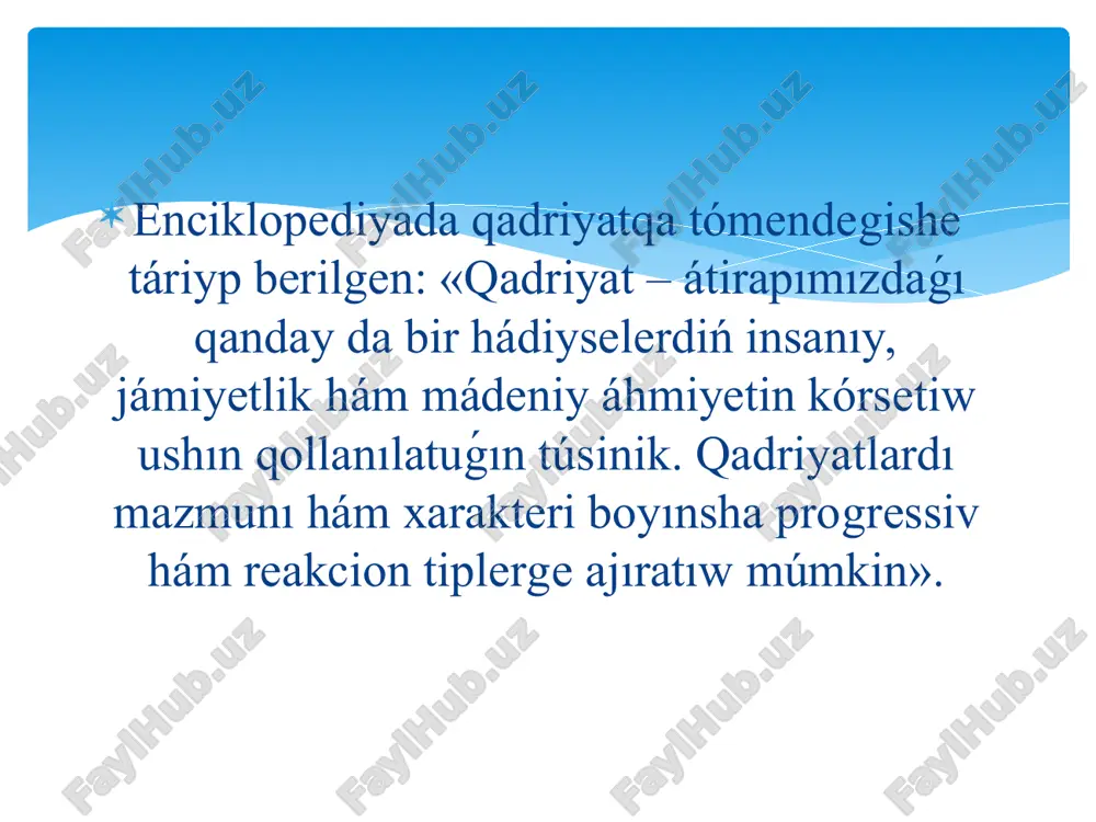 n «alpamıs» dástanı qısımǵa ushıradı. «muqimiy» muzıkalı drama teatrı repertuarinan «alpamıs» spektakli alıp taslandı. ǵárezsizlik nátiyjesinde «suw seyili», «anor seyili», «qawın seyili», «júzim seyili» sıyaqlı bayramlar qayta tiklendi. bul bayramlar abadanshılıq, molshılıq, tınıshlıq belgisi sıpatında, xalıqtıń arzıw-ármanı, tileklerinıń kórnisi sıpatında qádirlenetuǵın edi. kurъoni karimniń ózbek hám qaraqalpaq tillerine awdarma etiliwi hám baspadan shıǵarılıwı úlken waqıya boldı. eń joqarı qadriyat insannıń ózi bolıp tabıladı. búgingi kúnge kelip abu iso muxammad at-termiziydiń «shamoili muxammadiya», nosiriddin burxoniddin rabguziydiń «xissai rabguziy», axmad yassawiydiń «xikmatlar»i, ámir temurdıń «temur tuzuklari»niń baspadan shıǵarılıwı milliy qadriyatlardı tiklew hám rawajlandırıw jolında úlken jetiskenlik boldı. ámir temurdıń tuwılǵanınıń 660 jıllıǵı, imam al-buxariydiń 1225 jıllıǵı, al-farganiydiń 1200 jıllıǵı, 1998 jılı «alpamıs» dástanınıń 1000 jıllıǵı belgilendi. adamzat tariyxı aksiologiyalıq kóz qarastan, qanday da bir milliy-etnikalıq qadriyatlardıń payda bolıwı, rawajlanıwı hám krizisi, olardıń ornına basqalardıń payda bolıwınan ibarat quramalı mashqala hám processlerdi óz ishine aladı. bunday kóz qaras áhmiyetli hám aktual máselege, yaǵnıy …