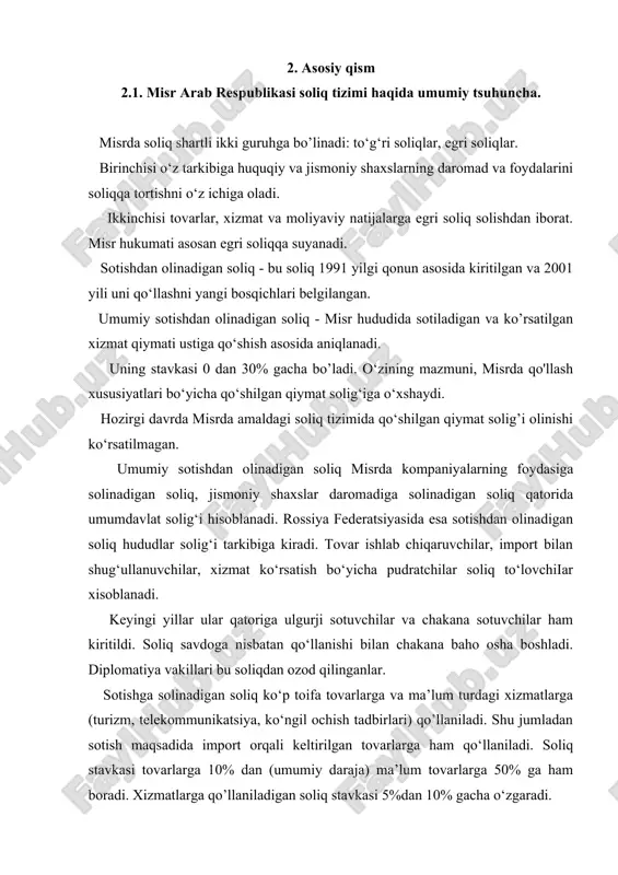 lardan olingan foizlar soliqdan ozod qilingan. korxona zarar ko‘rsa, shu ko‘rgan zarari keyingi yilda olingan foydasidan chegirib qolinadi va soliqqa tortilmaydi. misr soliq qonunchiligi bo‘yicha sheriklik jamiyatlari soliqdan ozod qilingan. sheriklik jamiyatlarining har bir a’zosi alohida jamiyatning umumiy foydasidagi hissasiga qarab soliqqa tortiladi. foydadan soliq olinganda hamma xo‘jalik harajatlari daromaddan chiqazib tashlanadi (ularga amortizatsiya, foizlar, bojlar, umid qilib bo’lmaydigan, shubhalik qarzlar, arenda to’lovi, direktorlami gonorari, adliya xarajatlari, uzoq yillik xizmati uchun to'lov, sotsial sug‘urtaga ajratma va boshqalar kiradi. harajatlar kelgusi davr foydasiga besh yilgacha muxlatga olib borilishi mumkin. uglevodorodlarni qazib olishni soliqqa tortish.alohida bu soliqlar bo‘yicha qonun yo‘q, umumiy soliq qonunlaridan foydalaniladi. shuni aytish kerakki, misrda daromad, foyda solig’i bo‘yicha qonun mavjud, qolgan soliqlar shu qonunlar bilan boshqariladi. 2.3. jismoniy shaxslardan olinadigan daromad solig’i. bir nechta jismony shaxs birlashib, sheriklik korxonalarini tashkil etishlari mumkin. ushbu korxona yuridik shaxs emas, balki jismoniy shaxs deb qaraladi. sheriklik korxonananing har bir a’zosi o‘zi …