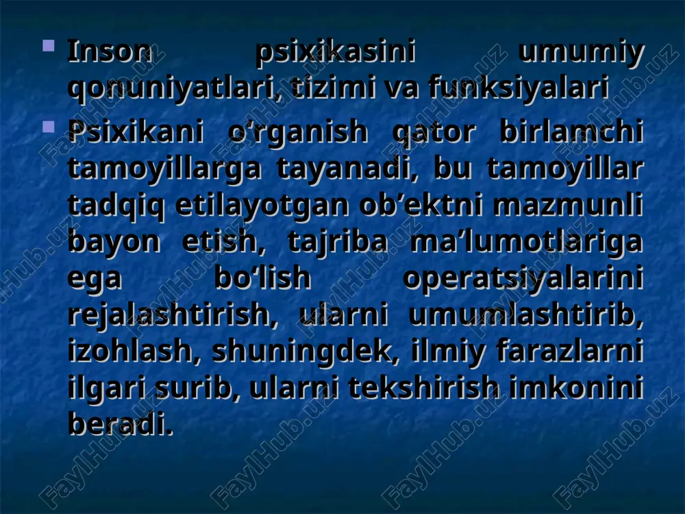 tlog‘ining paydo bo‘lishi va rivojlanishi, mnt va tananing boshqa organlari o‘rtasidagi aloqalarning murakkablashishi) jarayonida xulq-atvor shakllarining rivojlanishi sodir bo‘ldi va hayotiy faoliyatning psixik boshqarish darajalarining qatlamlari: sezgilar, qabul qilish, xotira, tasavvurlar, tafakkur, ong, reflekslar yuzaga keldi. nerv tizimi tuzilishi va funksiyalarining takomillashishi psixikaning rivojlanishi uchun asosiy manba bo‘lib xizmat qildi. shu asnoda, evolyusiya rivojlanishi natijasida hayvonlar organizmlari faqatgina biologik muhim ta’sirotlardan ta’sirlanmasdan, balki, o‘z-o‘zidan indifferent bo‘lgan, biologik jihatdan muhim bo‘lmasada, xabar berish ahamiyatiga ega bo‘lgan ta’sirotlardan ta’sirlana boshladilar. voqelikda muhim hayotiy hodisalar haqida xabar beruvchi biologik indifferent ta’sirotlar aks etsalar, voqelikni aks ettirishning bunday shakli sezgirlik deb ataladi. xuddi mana shu psixikaning o‘zi bo‘ladi. sezgirlik sezgilarga nisbatan umumiy qobiliyatni ifodalaydi. a.n.leont’yevning tasdiqlashiga ko‘ra, hayvonlarda sezgirlikning yuzaga kelishi psixika paydo bo‘lishiningob’ektiv biologik belgisi bo‘lib xizmat qilishi mumkin. keyinchalik tirik mavjudotlarda organik jismning rivojlanish jarayonida asta-sekin psixikaning asosiy xossalaridan biri – olamdagi voqelikni yaxlitligicha va ilgarilab ketib aks ettirish shakllanadi. bu evolyusiya …