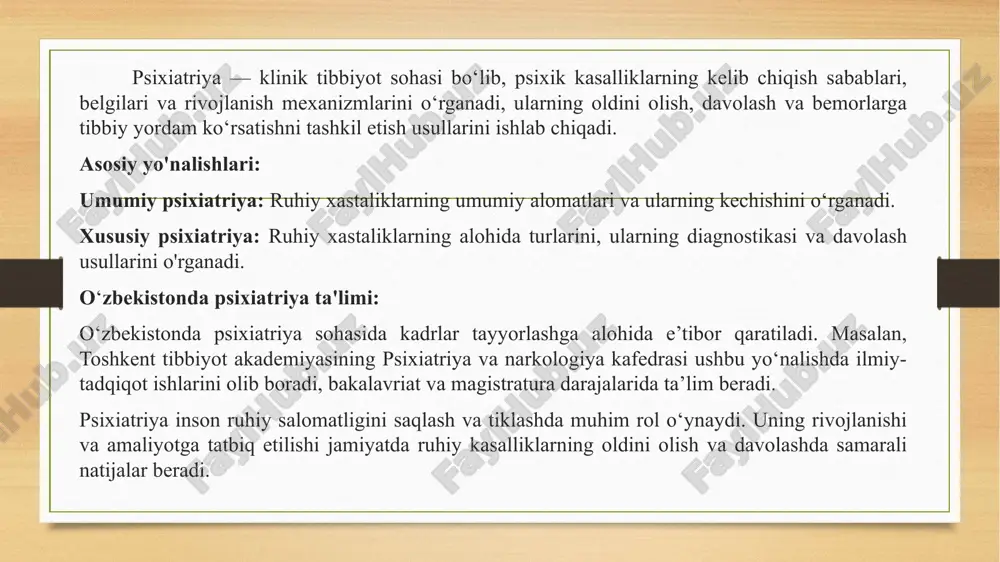 to‘liq yoki qisman yo‘qolishi. paramneziya: xotira kontentining buzilishi, masalan, voqealarni noto‘g‘ri eslash. tafakkur buzilishlari: paralogik tafakkur: mantiqsiz yoki noto‘g‘ri xulosalarga olib keladigan tafakkur shakli. resonerstvo: mazmundan xoli, lekin ko‘p gapirish bilan ifodalanuvchi tafakkur buzilishi kabilardir. diqqat buzilishlari: paraproksiya: diqqatning beqarorligi yoki chalg‘ishi. hissiyot buzilishlari: emotsional labillik: hissiyotlarning tez-tez va keskin o‘zgarishi. anhedoniya: zavq olish qobiliyatining yo‘qolishi. iroda buzilishlari: abuliya: irodaviy faoliyatning pasayishi yoki yo‘qolishi. gipobuliya: irodaviy faoliyatning susayishi. patopsixologiya ushbu buzilishlarni tadqiq etib, ularning kelib chiqish sabablari, rivojlanish mexanizmlari va namoyon bo‘lish shakllarini o‘rganadi. bu esa diagnostika va reabilitatsiya jarayonlarida muhim ahamiyat kasb etadi. foydalanilgan adabiyotlar блейхер в.м., крук и.в. "патопсихологическая диагностика" – киев: здоров'я, 1986. лебединский в.в. "основы патопсихологии" – москва: медицина, 2003. вассерман л.и., ганнушкина и.в. "клиническая патопсихология" – санкт-петербург: питер, 2015. zeigarnik b.v. "pathopsychology" – new york: springer, 1972. kaplan h.i., sadock b.j. "synopsis of psychiatry: behavioral sciences/clinical psychiatry" – philadelphia: lippincott williams & wilkins, 2015. davison …