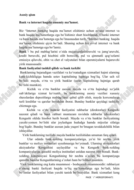 d jiddiy muammolar haftalar, hatto oylar davomida sezilmasligi mumkin. yirik banklarning mayda banklardan ustunligi shundaki, ular turli va ko‘p sonli mijozlarga, bozorlarga xizmat qiladilar. «holding» so‘zi ingliz tilidan kirib kelgan bo‘lib, «egalik qilish» ma’nosini anglatadi. holding kompaniyalari turli moliyaviy sub’ektlarni birlashtirish maqsadida tuziladi. ushbu sub’ektlarni boshqarish huquqini olish, shu sub’ektlar aksiyalarining nazorat paketini sotib olish orqali amalga oshiriladi. bank xoldingining ikki turi bor: sof xolding - faqat maxsus nazorat va boshqaruv maqsadlarida tuziladi; aralash xolding - nazorat va boshqaruv vazifalari bilan birga sanoat, savdo, transport, kredit-moliya va boshqa sohalarda tadbirkorlik faoliyati bilan ham shug‘ullanadi. amaldagi qonunchilikka asosan, ta’sischilar yangi bank ochish uchun markaziy bankdan dastlabki ruxsatnomani olganlaridan keyin, ta’sis shartnomasini tasdiqlaydilar. shundan so‘ng, bir oy muddat ichida bank ochishga ruxsat so‘rab markaziy bankka quyidagi hujjatlar to‘plamini taqdim qiladilar: · muassislar tomonidan imzolanib, muhr bilan tasdiqlangan uch nusxadagi ta’sis shartnomasi (asli va ikki nusxasi). muassislar imzosi va ta’sis shartnomasi notarius tomonidan …