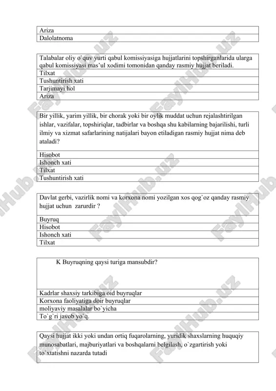 a boshqalarni belgilash, o`zgartirish yoki to`xtatishni nazarda tutadi bir yillik, yarim yillik, bir chorak yoki bir oylik muddat uchun rejalashtirilgan ishlar, vazifalar, topshiriqlar, tadbirlar va boshqa shu kabilarning bajarilishi, turli ilmiy va xizmat safarlarining natijalari bayon etiladigan rasmiy hujjat ma’lum muassasa, korxona, tashkilot yoki ayrim shaxslar faoliyati bilan bog`liq bo`lgan biror-bir voqea-hodisa, xatti-harakat yoki mavjud holatni tasdiqlash maqsadidakamida uch kishi tomonidan tuzilib imzolanadigan hujjat. to`g`ri javob yo`q. hisobotga oid ta’rifni ko’rsating. bir yillik, yarim yillik, bir chorak yoki bir oylik muddat uchun rejalashtirilgan ishlar, vazifalar, topshiriqlar, tadbirlar va boshqa shu kabilarning bajarilishi, turli ilmiy va xizmat safarlarining natijalari bayon etiladigan rasmiy hujjat. ma’lum muassasa, korxona, tashkilot yoki ayrim shaxslar faoliyati bilan bog`liq bo`lgan biror-bir voqea-hodisa, xatti-harakat yoki mavjud holatni tasdiqlash maqsadidakamida uch kishi tomonidan tuzilib imzolanadigan hujjat ikki yoki undan ortiq fuqarolarning, yuridik shaxslarning huquqiy munosabatlari, majburiyatlari va boshqalarni belgilash, o`zgartirish yoki to`xtatishni nazarda tutadi xizmat sohasida, ish joyida yuz …