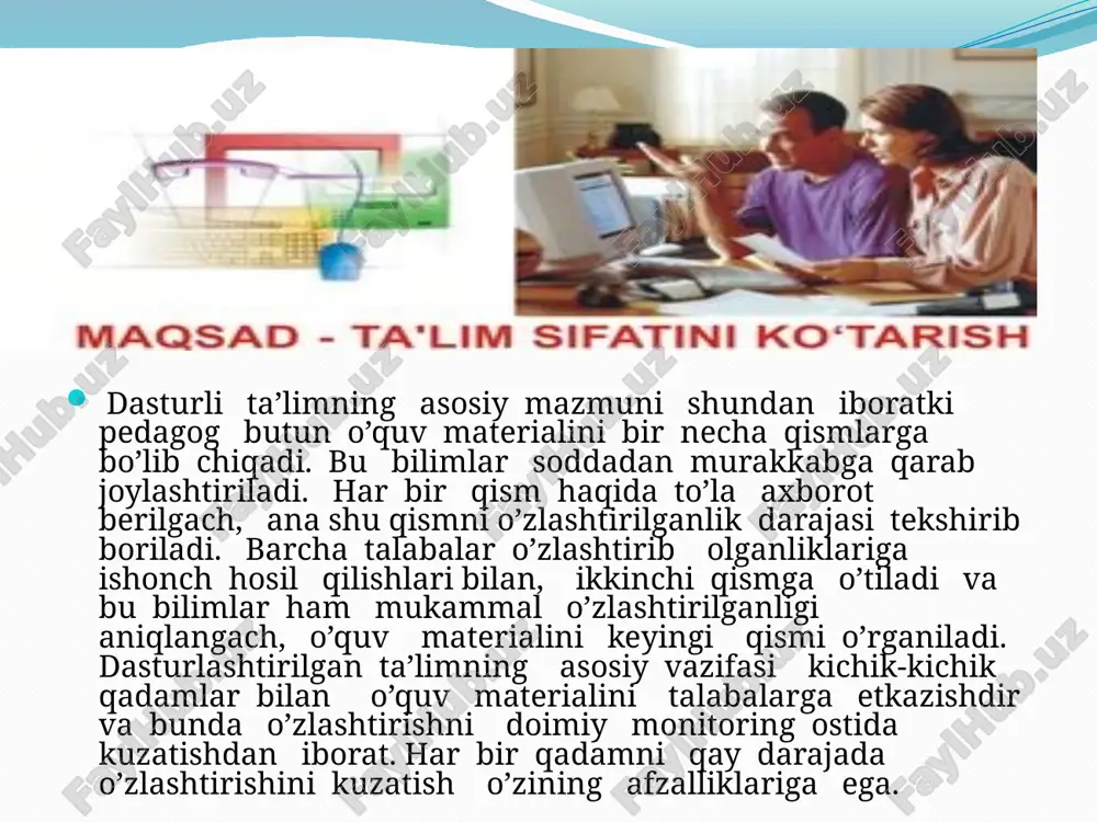 a mashg'ulotlar tashkil etish. 2. individual yakunlash: dasturiy talim, har bir o'quvchi bilan aloqador individuallashgan dastur tuzishni o'z ichiga oladi. bu usul, o'quvchilarning shaxsiy rivojlanishiga va maqsadlariga muvofiq ravishda yordam beradi. 3. muhokama va baholash: dasturiy talim, o'quvchilarning faoliyatlarini muhokama qilish, ularning muammolarini aniqlash va ularning rivojlanishiga yordam berish uchun muhim bo'lishi mumkin. bu usul, o'quvchilarning o'zlarining xatoliklarini tushunish va ularning yangi rivojlanish yo'llarini aniqlashga yordam beradi. 4. jamiyat bilan hamkorlik: dasturiy talim, o'quvchilarni jamiyat bilan hamkorlik qilishga chaqiradi va ularning jamoatga foyda keltirish uchun faoliyatlarini tashkil etish uchun mo'ljallangan bo'lishi mumkin. masalan, ularning jamoatda ijtimoiy masalalarni muhokama qilish va ularning jamiyatga foyda keltirish uchun loyihalar tashkil etish. bu usullar dasturiy talim va uni amalga oshirishning asosiy qismi bo'lib, yosh o'quvchilarning shaxsiy rivojlanishiga va jamiyatga foyda keltirishiga yordam beradi. e’tiboringiz uchun rahmat!!! image2.jpeg image3.jpeg image4.jpeg image5.jpeg image6.jpeg image7.jpeg image8.jpeg image9.jpeg image10.wmf image11.jpeg image12.jpeg /docprops/thumbnail.jpeg