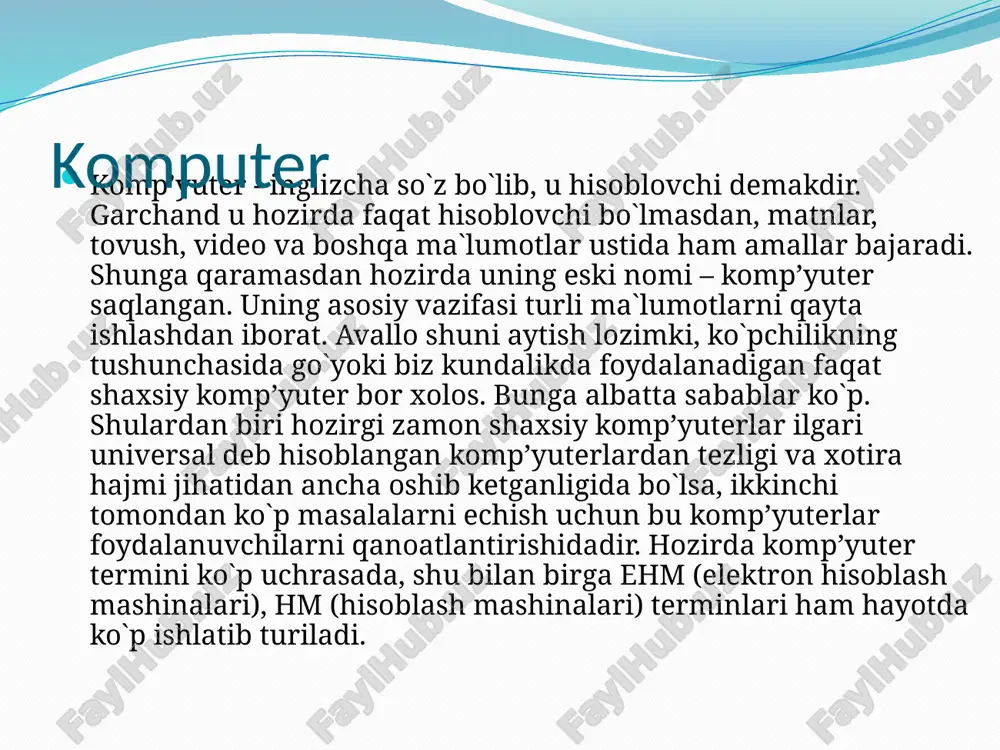 ki bir nechta qattiq disklar bo`lib, ular alyuminiy yoki keramika qotishmasidan tayyorlangan va ferrilok bilan qoplangan, germetik yopik korpusga o`qish-yozish magnit kallagi bloki joylashtirilgandir. bu yig`uvchilarning sirini olinmaydigan konstrukciya hisobiga erishiladigan o`ta yuqori yozish zichligi tufayli bir necha ming megabaytgacha etadi; ular tezkorliligi ham emdy ga nisbatan jiddiy darajada juda yuqoridir. qmdy juda rang-barangdir. disk diametri ko`pincha 3,5" (89 mm) , lekin boshqalari ham bordir, xususan 5,25" (133 mm) va 1,8" (45 mm) ham bor. diskovodning eng ko`p tarqalgan korpusining balandligi stol usti shk larda-25 mm, mashina-serverlarda-41 mm, ixcham shk larda-12 mm va b. zamonaviy vinchesterlarda zonali yozish usuli ishlatila boshlandi. bu holatda diskning butun yuzasi bir nechta zonalarga bo`linadi, shu bilan birga sektorlarning tashqi zonalariga ichkisiga nisbatan ko`proq qiymatlar joylashadi. bu, xususan, qattiq disklarning sig`imini taxminan 30 % oshirish imkonini beradi. 1. diskli plastinkalar paketi ma`lumotlar qatti? diskning alyuminiy yoki shishadan ishlangan diski yoki bir nechta diska yoziladi. plastinkalar …