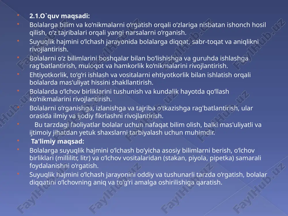 uchun, "yaxshi ish qilding, juda yaxshi o‘lchading!" yoki "sen juda aniqlik bilan ishlading!". shaxsiy yutuqlarni ta'kidlash: har bir bolaga individual yutuqlarini ta'kidlash, masalan, "sen juda tez o‘lchading!" yoki "o‘zini juda to‘g‘ri ifodalading!" deb rag‘batlantirish. 2. vizual va material rag‘batlantirish: stikerlar va ballar: bolalar yaxshi ishlaganida ularga stikerlar yoki ballar berish. bu ularni qo‘shimcha ishlarni bajarishga undaydi va o‘z ishlari haqida musbat fikrda bo‘lishlariga yordam beradi. sertifikatlar va medallar: har bir bola faoliyatda ishtirok etgani uchun kichik sertifikat yoki medal berish. bu bolalarning o‘zini qadrlanishini va yutuqlarini baholanishini ta'minlaydi. 3. grupplarga bo‘lib ishlash: jamoaviy mukofotlar: bolalarni guruhlar bo‘yicha ishlashga rag‘batlantirish va guruhning umumiy muvaffaqiyatini baholash. guruh faoliyatida bir-biriga yordam bergan bolalarni rag‘batlantirish. misol uchun, "sizlar juda yaxshi guruh bo‘lib ishladingizlar!" bir-birini qo‘llab-quvvatlash: bolalar o‘zaro yutuqlarini ta'kidlashlari va bir-birini rag‘batlantirishlari uchun imkoniyat yaratish. bu hamkorlik va ijtimoiy ko‘nikmalarni rivojlantirishga yordam beradi. 4. tashkiliy rag‘batlantirish: ko‘rgazmalar va namoyishlar: bolalarning ishlarini tashkil etilgan ko‘rgazmalarda …