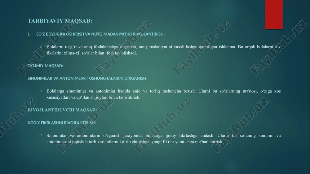 tiv metodlar: bolalarning faollashtirish va ularning e'tiborini jalb qilish uchun interaktiv metodlardan foydalanish (onlayn viktorinalar, guruhlarda ishlash, kartochkalar, o‘yinlar va h.k.) darsni qiziqarli va samarali qiladi. rag‘batlantirish: bolalarning mehnatini qadrlash va ularni muvaffaqiyatli ishlari uchun rag‘batlantirish dars jarayonining samaradorligini oshiradi. foydalanilgan adabiyotlar ro’yxati 1. oʻzbekiston respublikasi prezidentining 2022-yil 28-yanvardagi pf–60-son farmoni: “2022–2026-yillarga moʻljallangan yangi oʻzbekistonning taraqqiyot strategiyasi toʻgʻrisida”. 2. takomillashtirilgan “ilk qadam” namunaviy o‘quv dasturi. – o‘zbekiston respublikasi maktabgacha va maktab taʼlimi vazirligi, 2022-yil. 3. o‘zbekiston respublikasi vazirlar mahkamasining 2020-yil 22-dekabrdagi 802-son qarori: “maktabgacha ta’lim va tarbiyaning davlat standartini tasdiqlash to’g’risida’’ 4. o‘zbekiston respublikasi qonuni: “maktabgacha ta’lim va tarbiya to’g’risida’’ 2019-yil 16-dekabr 5. ibragimova, z. r. maktabgacha yoshdagi bolalarda ijodiy oʻyinning rivojlanishi. – toshkent: yangi asr avlodi, 2020. ilova bolaning ismi ish bajarish jarayonida ishtiroki mustaqilligi tasviriy ifoda fikr bildirishi bahosi ✅ juda faol / ⚪ o‘rtacha / ❌ passiv ✅ / ⚪ / ❌ ✅ / ⚪ / ❌ …