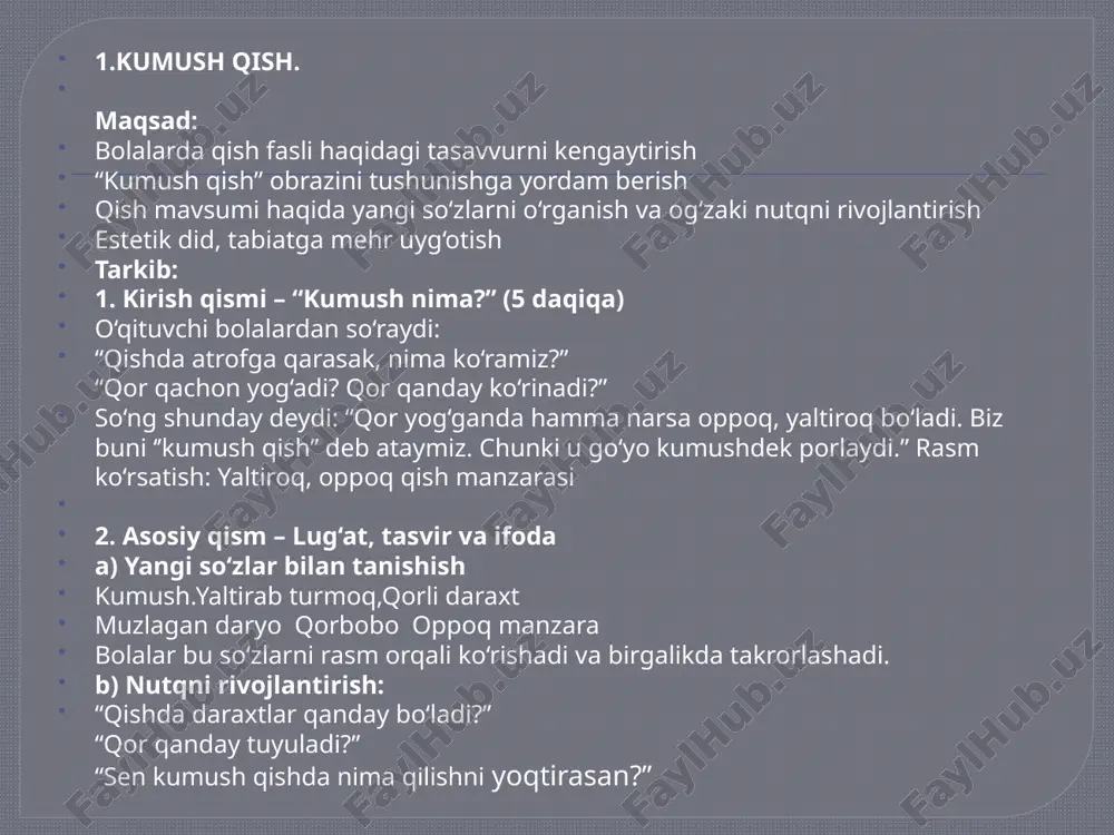 kiyimlar va uslublar – qishda odamlar qalin palto, sharf, bosh kiyim kabi zamonaviy kiyimlarni kiyishadi. bu esa modani yaxshi ko‘radiganlar uchun qulay fasldir. ijodkorlik uchun ilhom – qorli manzaralar rassomlar, yozuvchilar, shoirlar uchun juda kuchli ilhom manbai bo‘ladi. ruhiy osoyishtalik – qish sokinlik, tinchlik fasli hamdir. qor yog‘ayotganini tomosha qilish, sokin tonglarda sayr qilish odamga ruhiy taskin beradi. 5. bolalarni rag‘batlantirish usullari 1. . ijobiy mustahkamlash (pozitiv turtki) ma'lumotlar va ijobiy fikrlar: bolalar bajarilgan faoliyatni kuzatib, ularni ijobiy so'zlar bilan rag'batlantirish, masalan, "juda yaxshi ishlading!", "sen juda aqlli va tezkor ekansan!". izohli fikrlar: bolalarning harakatlarini tasvirlaydigan izohli rag'batlantirish, masalan, "sen juda yaxshi qor to'plarini yig'ib olding, bu juda ajoyib!". hikoya qilish: bolalarni yutuqlari haqida kichik hikoyalar aytib, ularga alohida e'tibor berish. 2. vizual rag'batlantirish stikerlar yoki medal: bolalar uchun maxsus stikerlar yoki medal va belgilarga ega bo'lish. har bir faoliyatdan so'ng bolalar o'z yutuqlarini kichik stikerlar yoki medallar bilan taqdirlash. …