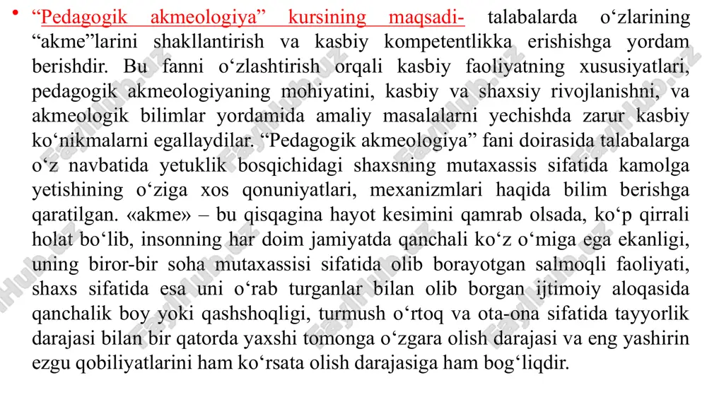 ing asosiy yo‘nalishlari pedagogik akmeologiya. harbiy akmeologiya. sotsial (ijtimoiy) akmeologiya. maktab akmeologiyasi. tibbiy (meditsina) akmeologiya. boshqaruv akmeologiyasi. ta’lim akmeologiyasi. korreksion akmeologiya. etnologik akmeologiya. sinergetik akmeologiya va boshqalar. sinergetik akmeologiya – akmeologiya va sotsial (ijtimoiy) sinergetika sintezini birgalikda o‘rganadigan yangi ko‘rinishidir. zamonaviy akmeologiyaning rivojlanish bosqichlari tarixiy-falsafiy madaniyatshunoslik, falsafiy akmeologiya bilan chambarchas bog‘liq bo‘lib, antropologiya va boshqa sohalarni ham qamrab oladi. masalan sinergetik akmeologiya psixologiya fanlari doktorlari, prof. v.p.bryanskiy va s.d.pojarskiy akmeologiyaning sotsial (ijtimoiy) sinergetik nazariyasini prizma orqali tahlil qilgan holda ko‘rishni taklif qilishadi. bu ilmiy yo‘nalishlar to‘qnashuvi va bilimlar integratsiyasi natijasida yangi bilim sohasi. sinergetik akmeologiya – har qanday sotsial (ijtimoiy) tizimning o‘z-o‘zini shakllantirishi orqali (shu jumladan individual shaxs orqali) maksimal mukammallanishuv darajasiga erishish yo‘llarini o‘rganadigan fan sifatida shakllandi. o‘z-o‘zini shakllantirish nazariyasiga inson disspativ tuzilma, ya’ni tashqi muhit bilan doimiy ravishda modda, energiya va axborot almashinuvi hisobiga mavjud bo‘ladigan tuzilma sifatida ko‘riladi. har qanday disspativ tuzilmaning maqsadi – o‘zi joylashgan muhit …