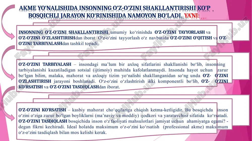 nt bosqichining asosiy jihati shundaki, 10-15 kishilik katta bo'lmagan mehnat jamoalarining samaradorlik koeffitsientini baholashda tartib bo‘yicha klassifikatsiya metodi yaxshi va yomon ishchilarni ajratib ko‘rsatishni ko‘zlagan va shu bois ham u etarlicha tarqalgan. buning uchun ekspertlar ishchilarni eng yaxshisidan boshlab eng yomonigacha tartibda hamda baholanadigan mezonlar bo‘yicha taqsimlab chiqadilar. bunday baholash tufayli jamoaga odilona tartibli yakuniy baho berish imkoniyati tug‘iladi. kombinatsion bosqich nima? kombinatsion bosqich – akmeologiya atamasi bilan asoslanadi. ammo fikrimizcha, haqiqatan ham akmeologiya atamasi fanda keskin va ijobiy burilish yasadi. ammo bu, yangi fan yaratildi, degani emas. zero, akmeologiyaning tarixi uzoq o‘tmishga borib taqaladi. akmeologiya – tabiiy, umumjamoa va insoniy qoidalar asosida kasbiy mahoratning yuksak muvaffaqiyatga erishishi haqidagi talimot bo‘lib, insonning yetuklik bosqichida rivojlanish qonunlari va mexanizmi haqida yanada yuksakroq darajalami egallash fenomenologiyasini tadqiq etadi. akmeologiyada mahsuldorlik tushunchasini ochib beruvchi kasbiy faoliyat kategoriyasi tahlil qilinadi. shuningdek, samarador faoliyat, professionalizm va ijod rivojlanishidagi hamda texnologiyani ishlab chiqib, kasb faoliyatida yuksaklikka …