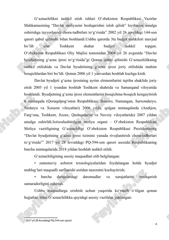 hkil etildi. [3: 2017 yil 28 fevraldagi pq-594-son qarori] g‘aznachiligining asosiy maqsadlari etib belgilangan: • zamonaviy axborot texnologiyalaridan foydalangan holda byudjet mablag‘lari maqsadli sarflanishi ustidan nazoratni kuchaytirish; • barcha darajalardagi daromadlar va xarajatlarini boshqarish samaradorligini oshirish. ushbu maqsadlarga erishish uchun yuqorida ko‘rsatib o‘tilgan qonun hujjatlari bilan g‘aznachilikka quyidagi asosiy vazifalar yuklangan: • davlat byudjetining kassa ijrosi, jumladan, tushadigan daromadlarni turli darajadagi byudjetlar o‘rtasida taqsimlash, byudjetdan mablag‘ oluvchilarning xarajatlar smetalari ijrosi va davlat byudjeti ijrosi to‘g‘risida hisobot tuzish; • davlat byudjeti mablag‘larini yagona g‘aznachilik hisobvarag‘i, shuningdek tegishli byudjetlar daromadlari va xarajatlari o‘rtasidagi kassa uzilishlarining oldini olishni ta‘minlaydigan hududiy g‘aznachilik hisobvaraqlarini joriy etish orqali boshqarish; • byudjet tashkilotlarining tovar (ish, xizmat)lar yetkazib beruvchilar bilan shartnomalarini, shuningdek davlat byudjeti mablag‘lari hisobidan kapital qurilish bo‘yicha buyurtmachilarning shartnomalari xarajatlar smetasida ko‘rsatilgan summalar va maqsadlarga qat‘iy muvofiq ravishda tuzilishi ustidan qattiq nazorat o‘rnatish asosida mazkur shartnomalarni majburiy ro‘yxatdan o‘tkazish tartibini joriy etish orqali byudjet tashkilotlarining maqsadga …